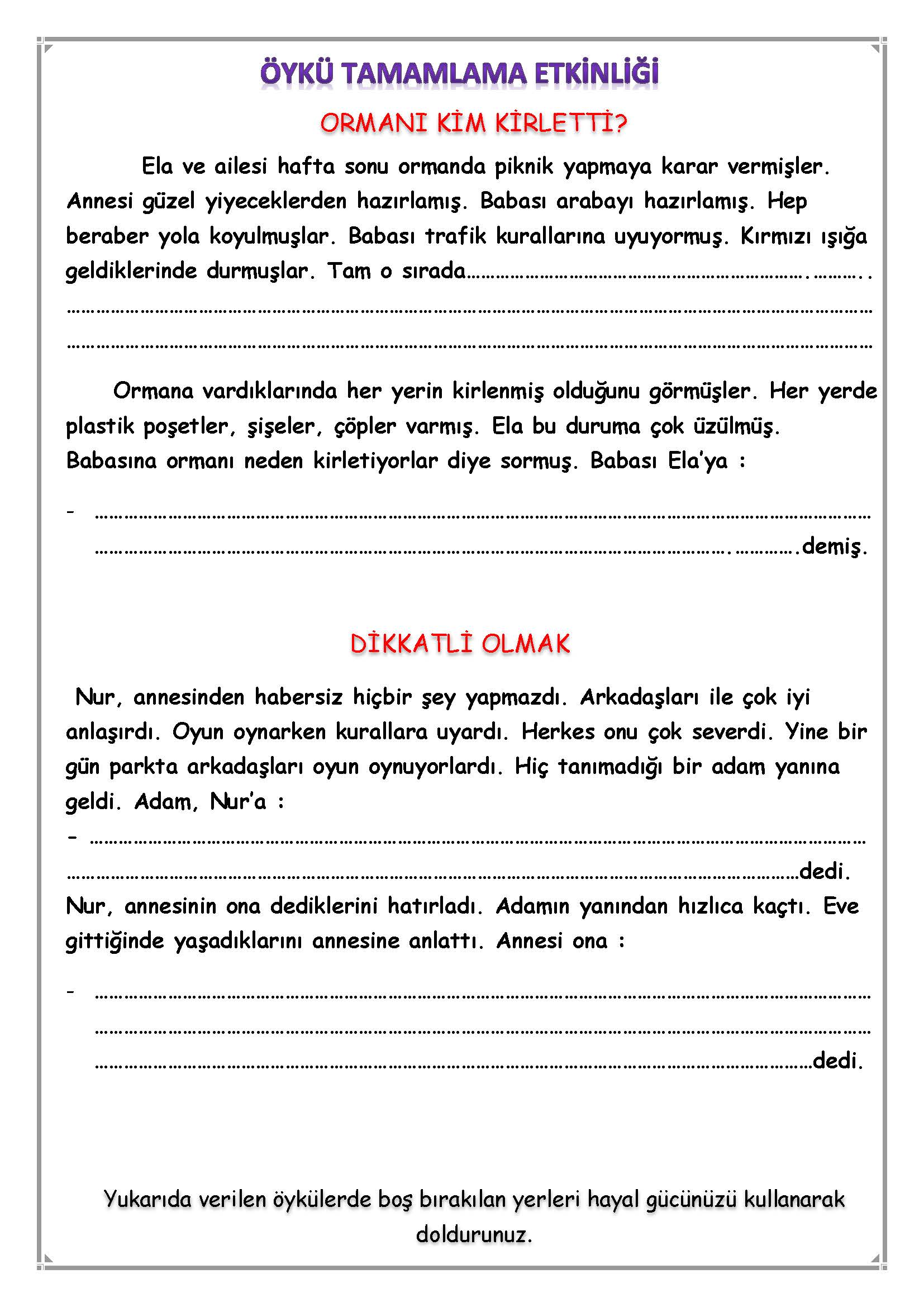 1. Sınıf Türkçe Öykü Tamamlama Etkinliği