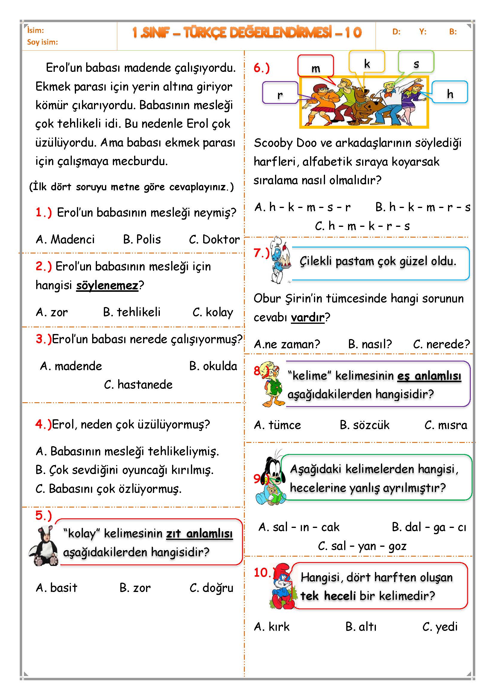 1.Sınıf - Türkçe Değerlendirme Sınavı - 10