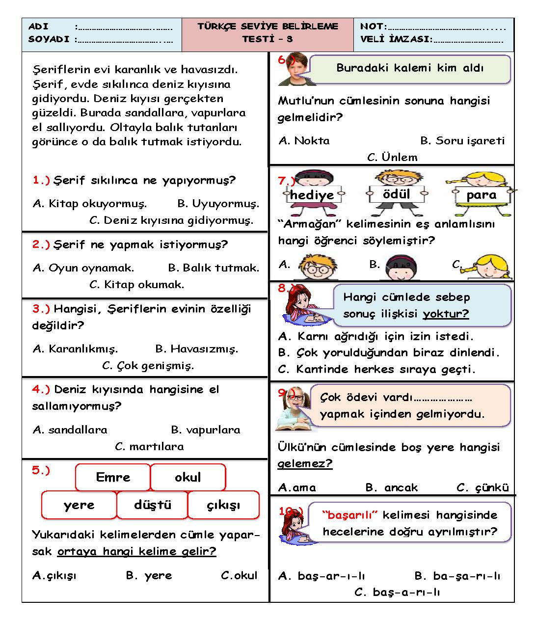 1. Sınıf Türkçe Seviye Belirleme Testi-3