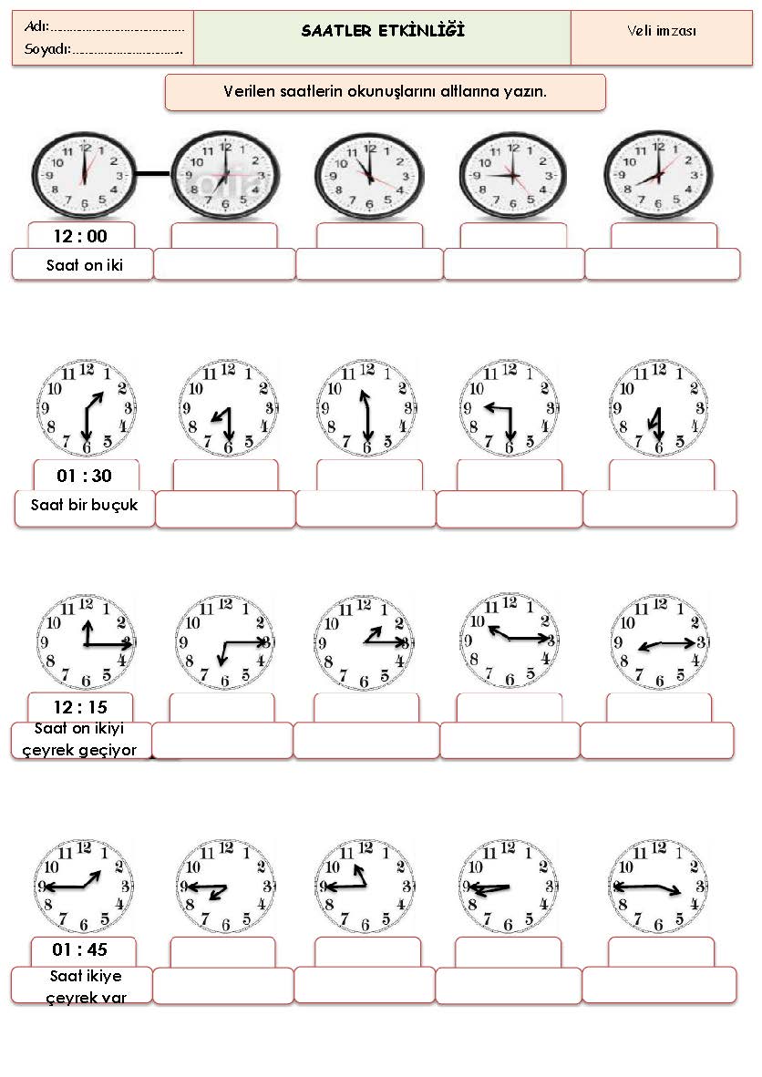 2. Sınıf Matematik Saatler Etkinliği