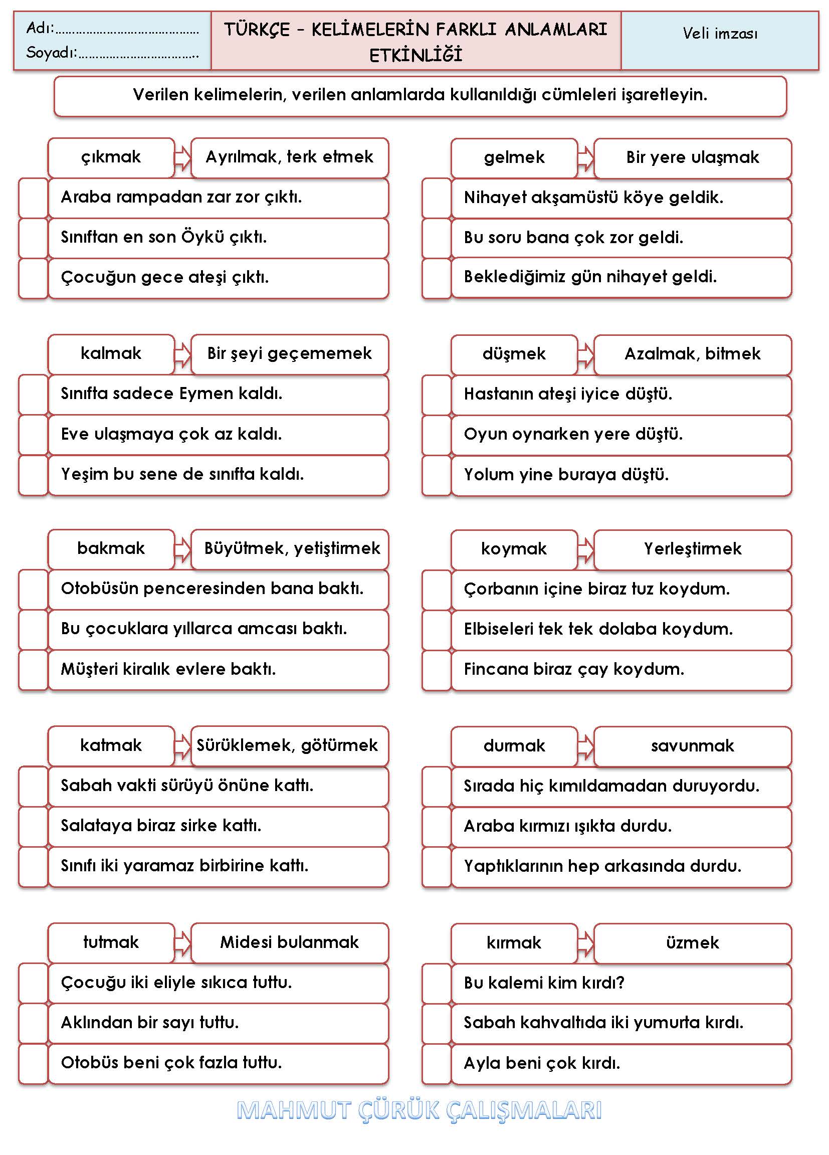 2. Sınıf Türkçe Kelimelerin Farklı Anlamları Etkinliği