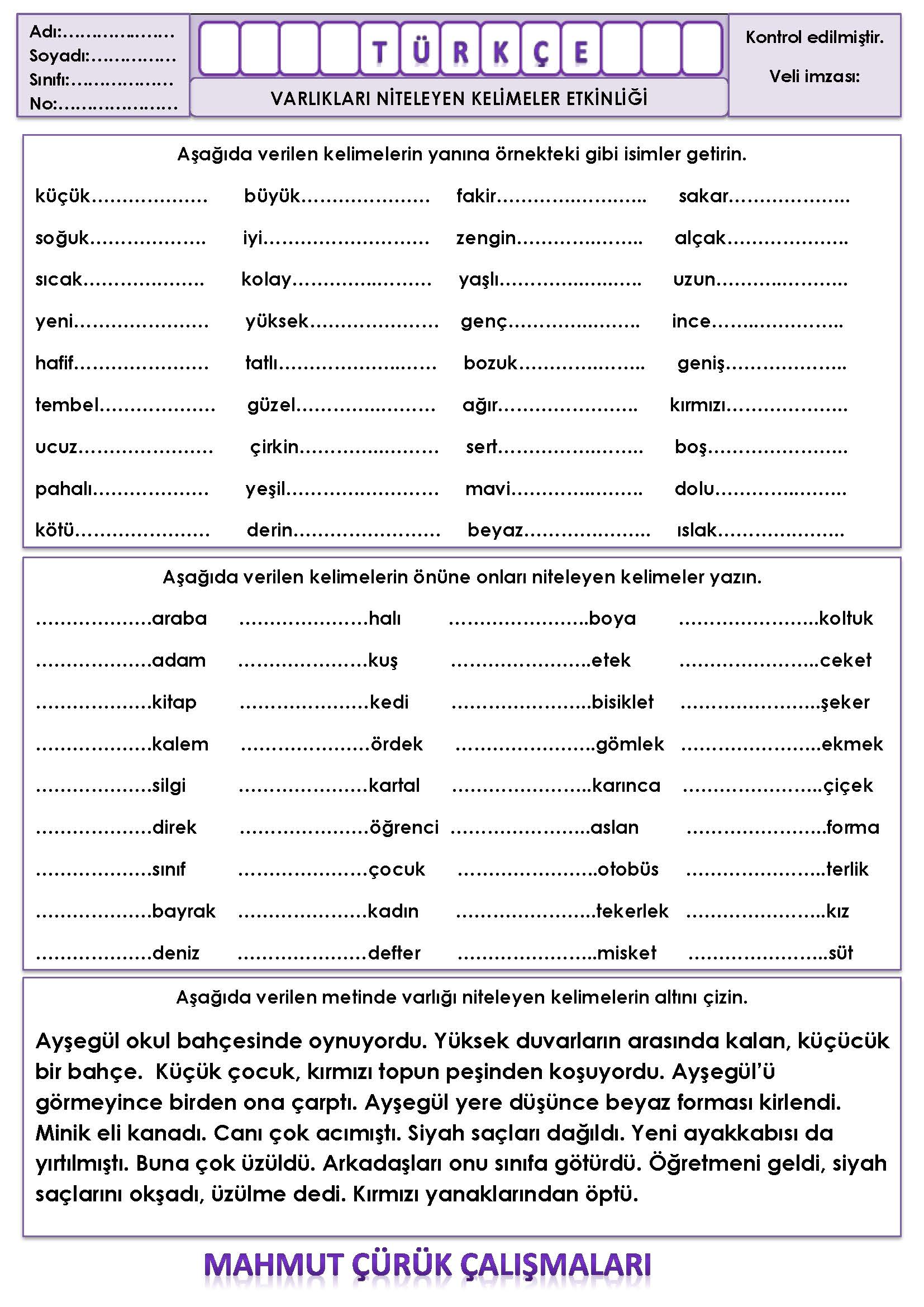 2. Sınıf Türkçe Varlıkların Adını Niteleyen Kelimeler Etkinliği