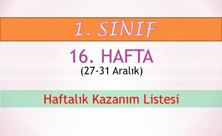 1. Sınıf 16. Hafta (27-31 Aralık) Haftalık Kazanım Listesi