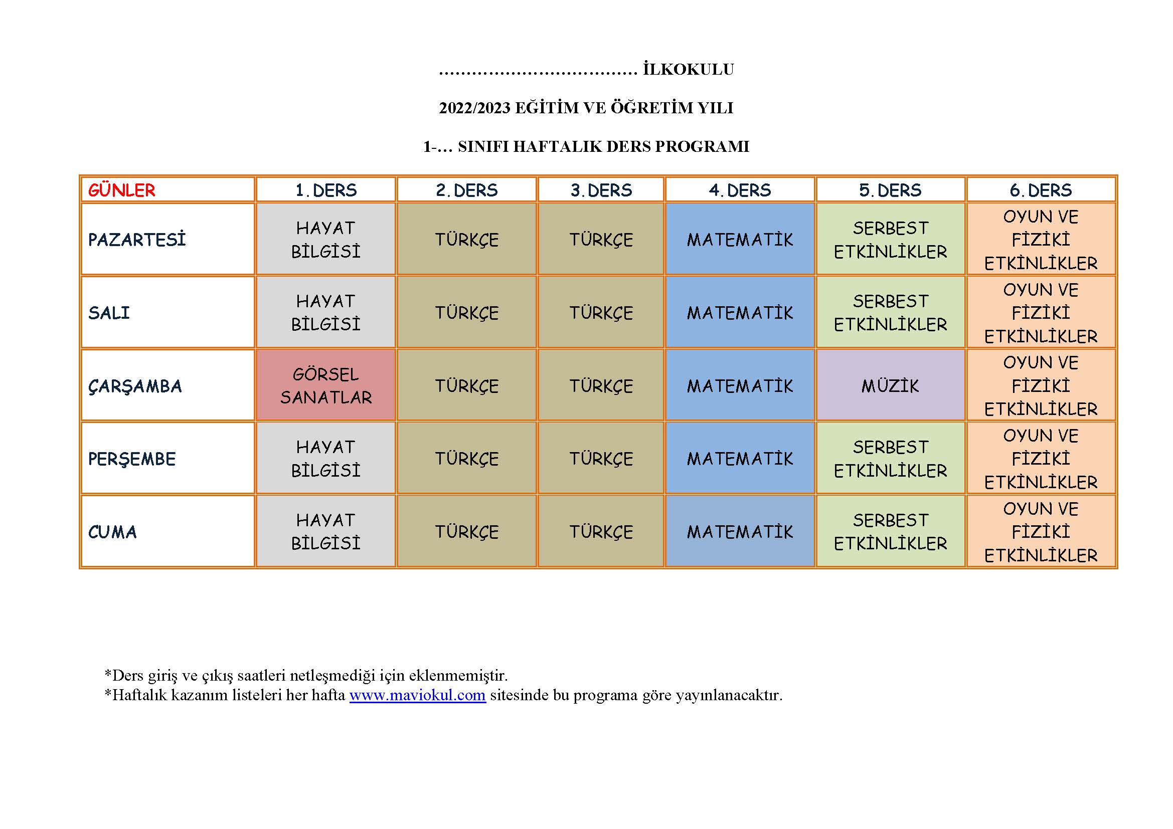 1. Sınıf Haftalık Ders Programı 2022-2023