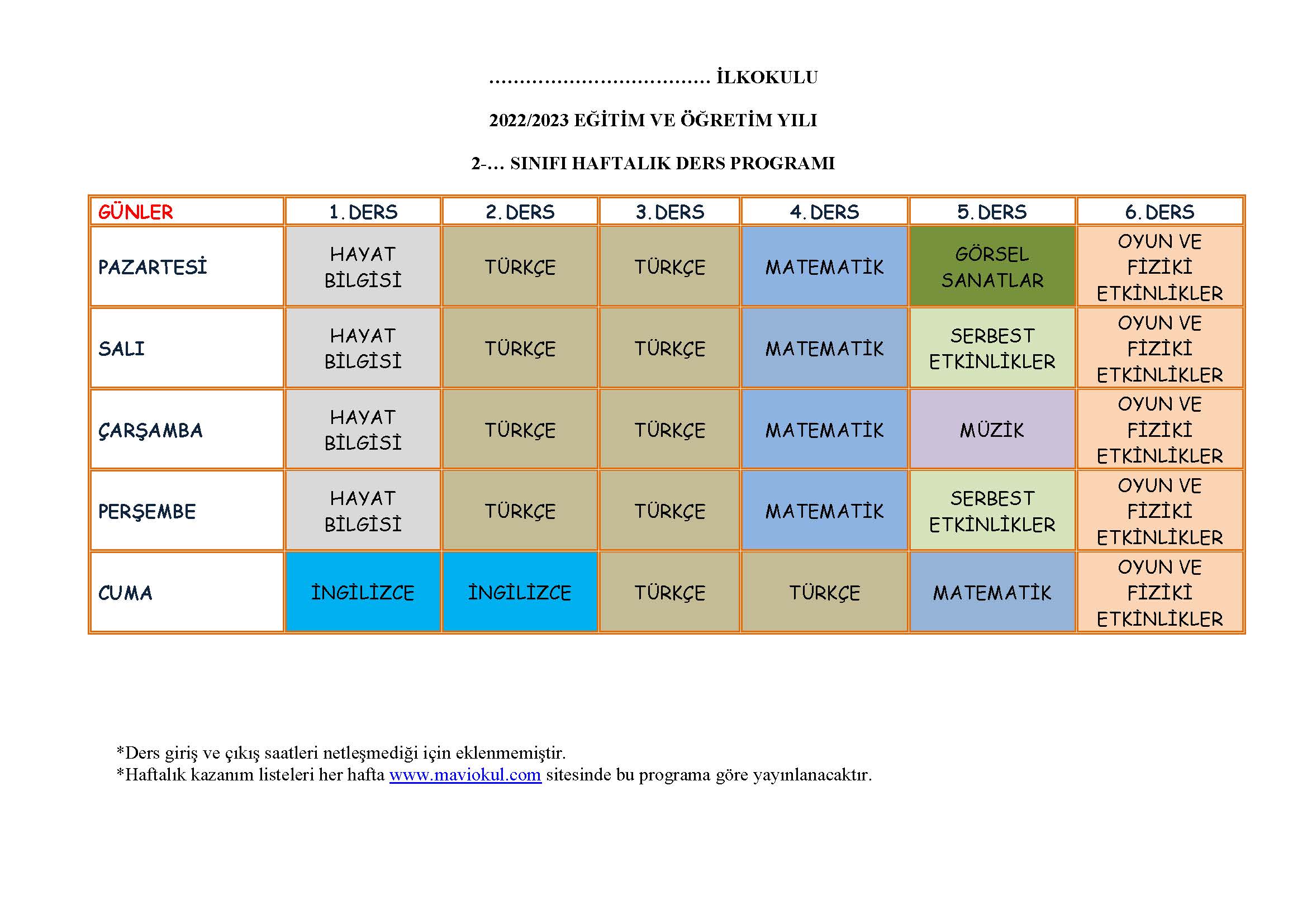 2. Sınıf Haftalık Ders Programı 2022-2023