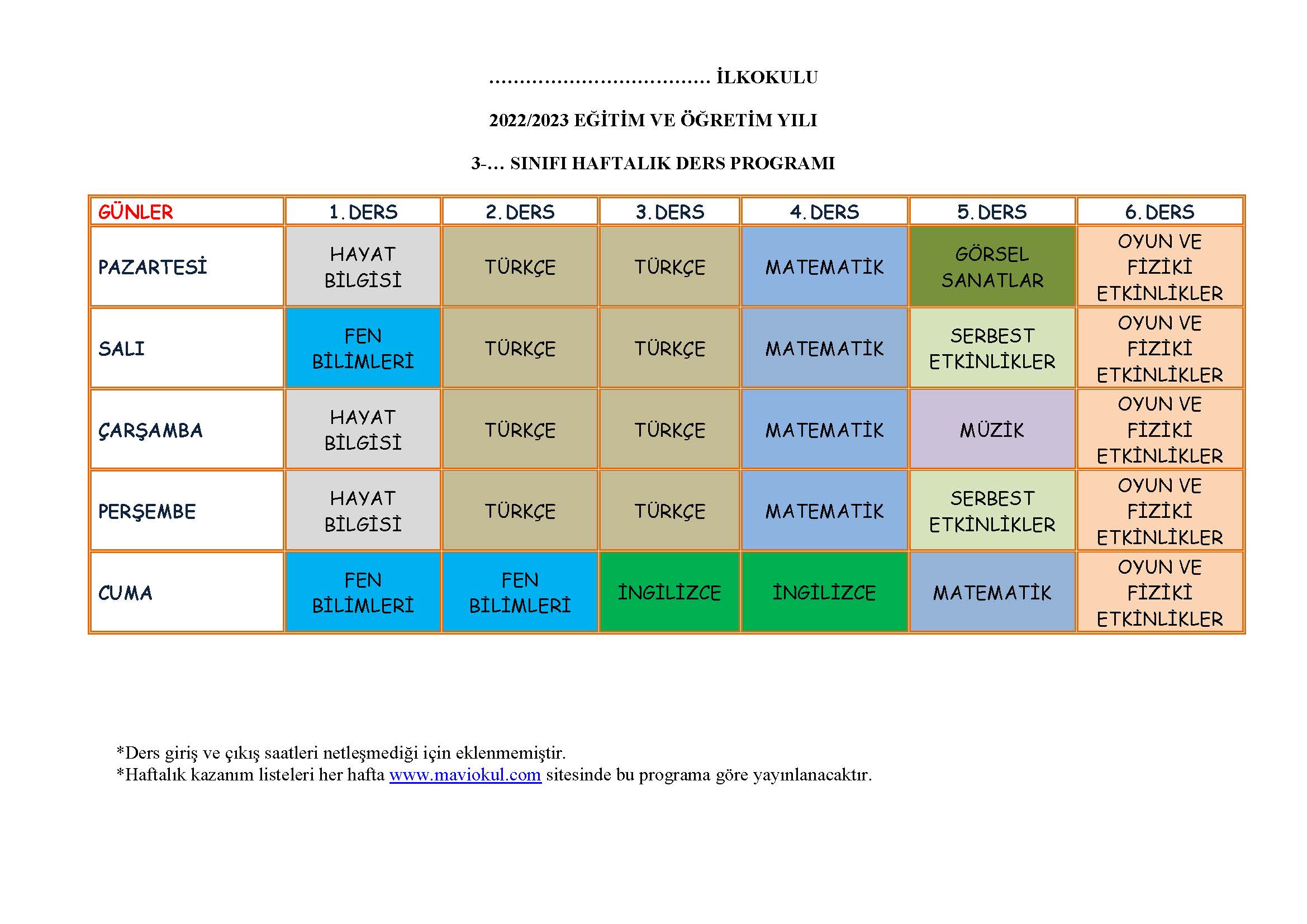 3. Sınıf Haftalık Ders Programı 2022-2023