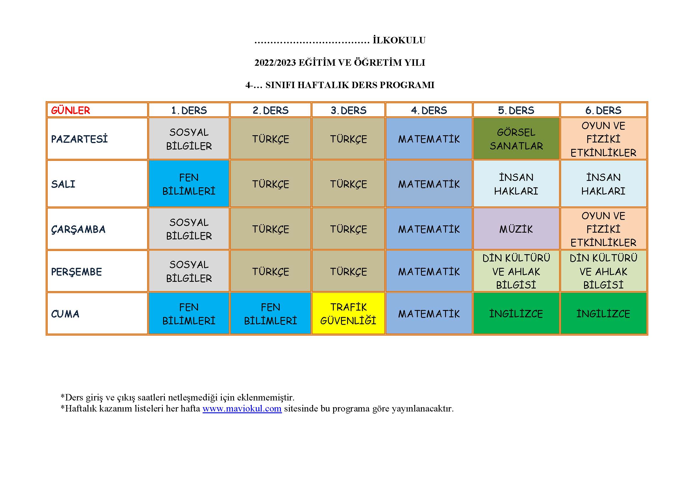 4. Sınıf Haftalık Ders Programı 2022-2023