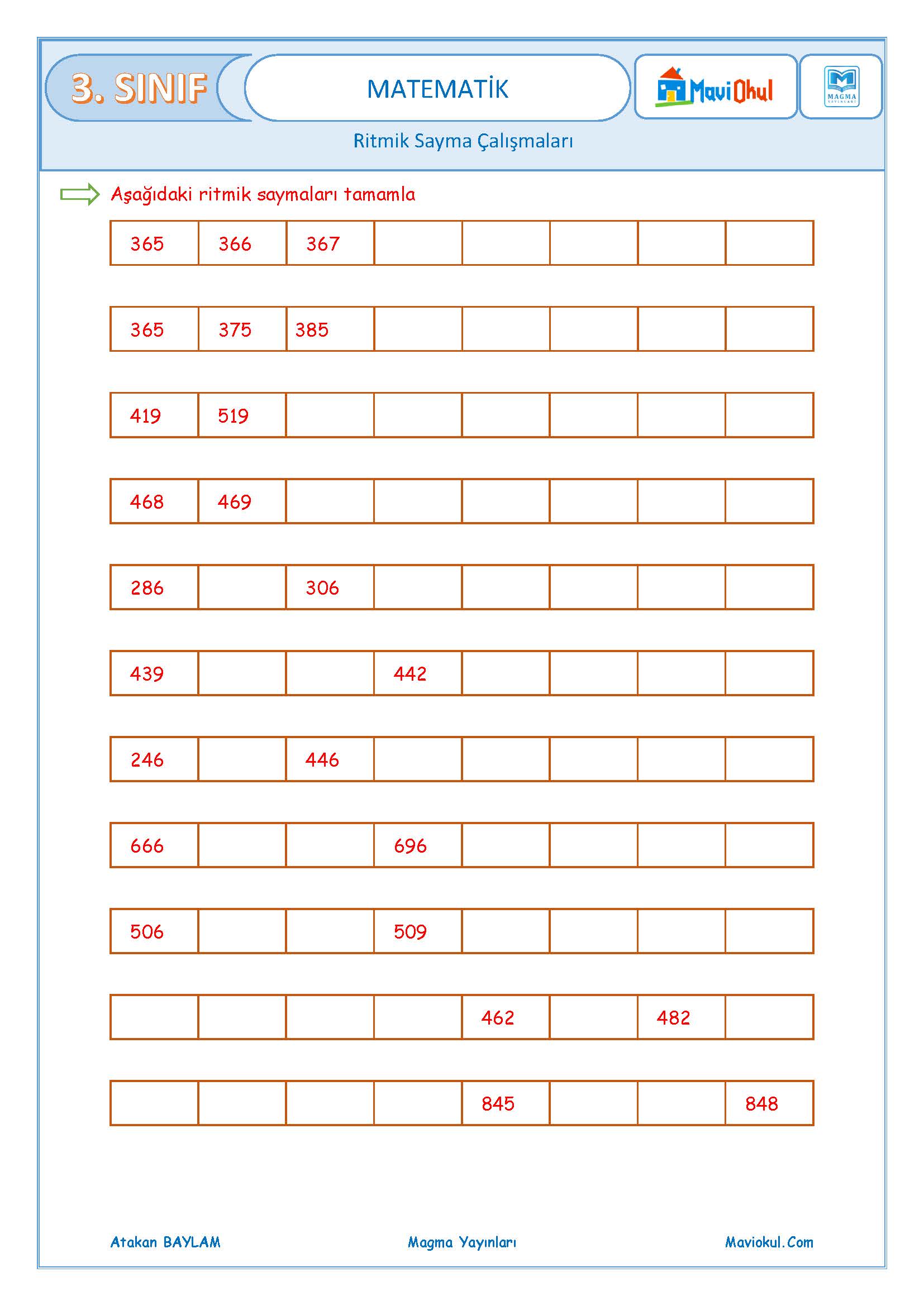 3. Sınıf Matematik Ritmik Sayma Çalışmaları - birer, onar, yüzer