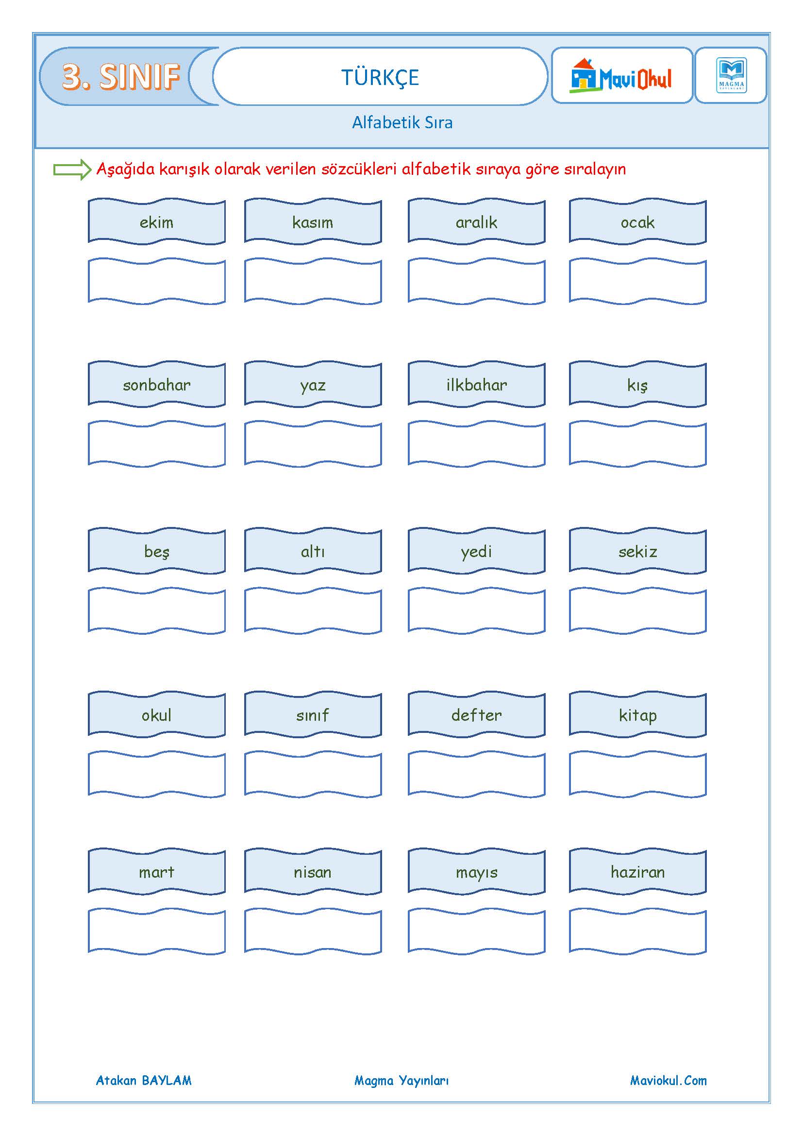 3. Sınıf Türkçe Alfabetik Sıralama
