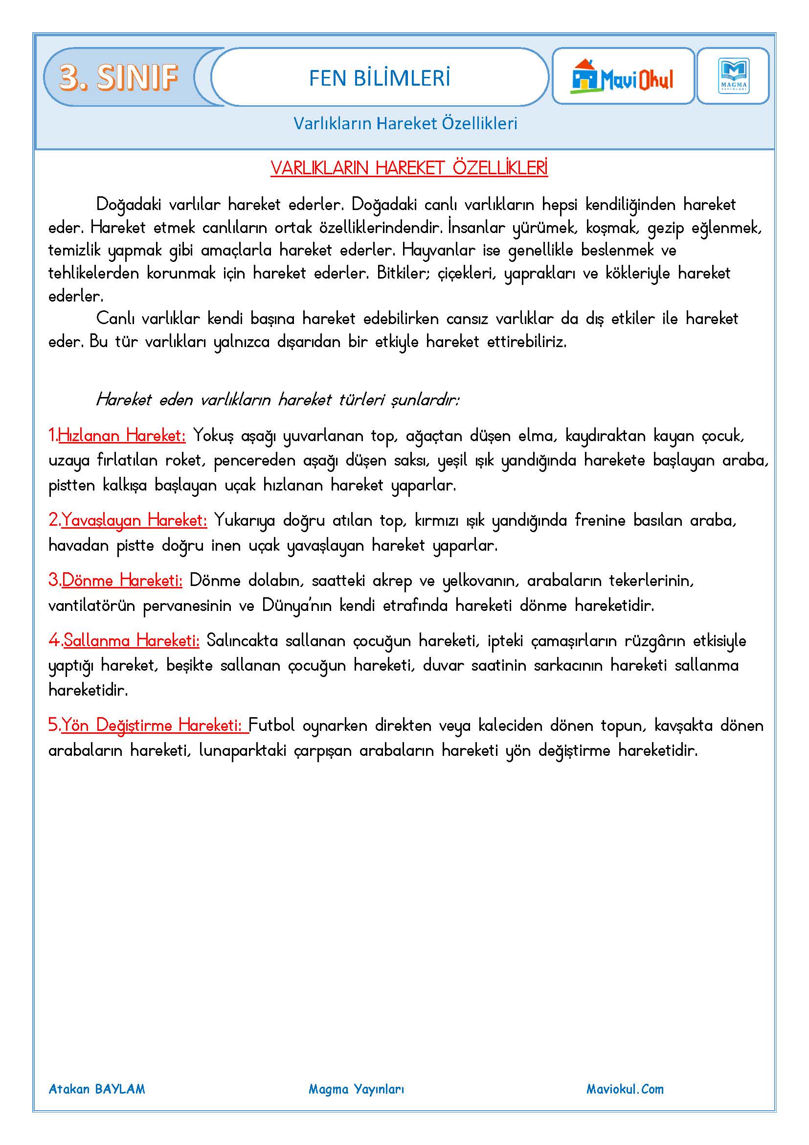 3. Sınıf Fen Bilimleri Varlıkların Hareket Özellikleri Konu Özeti