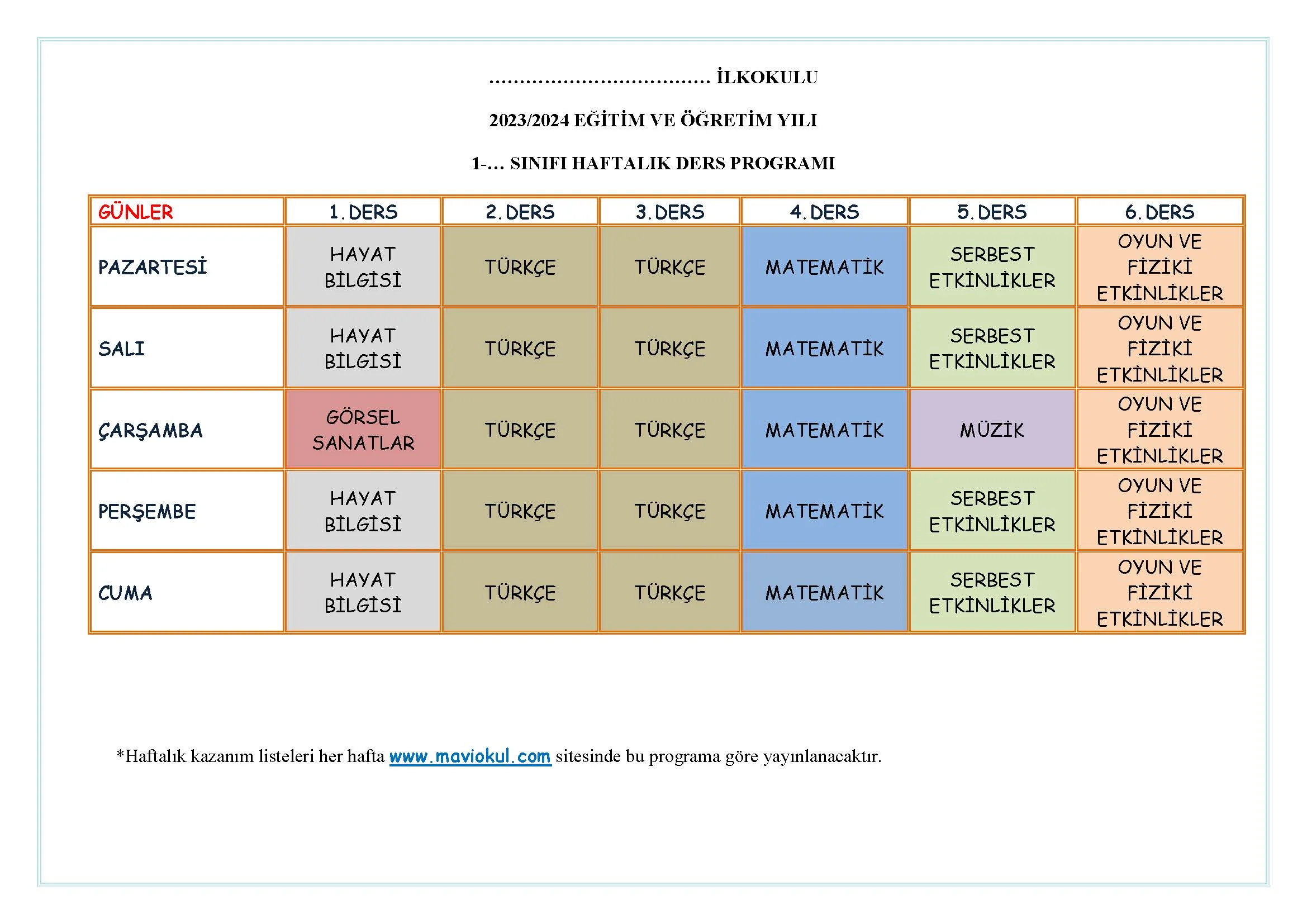 1. Sınıf Haftalık Ders Programı