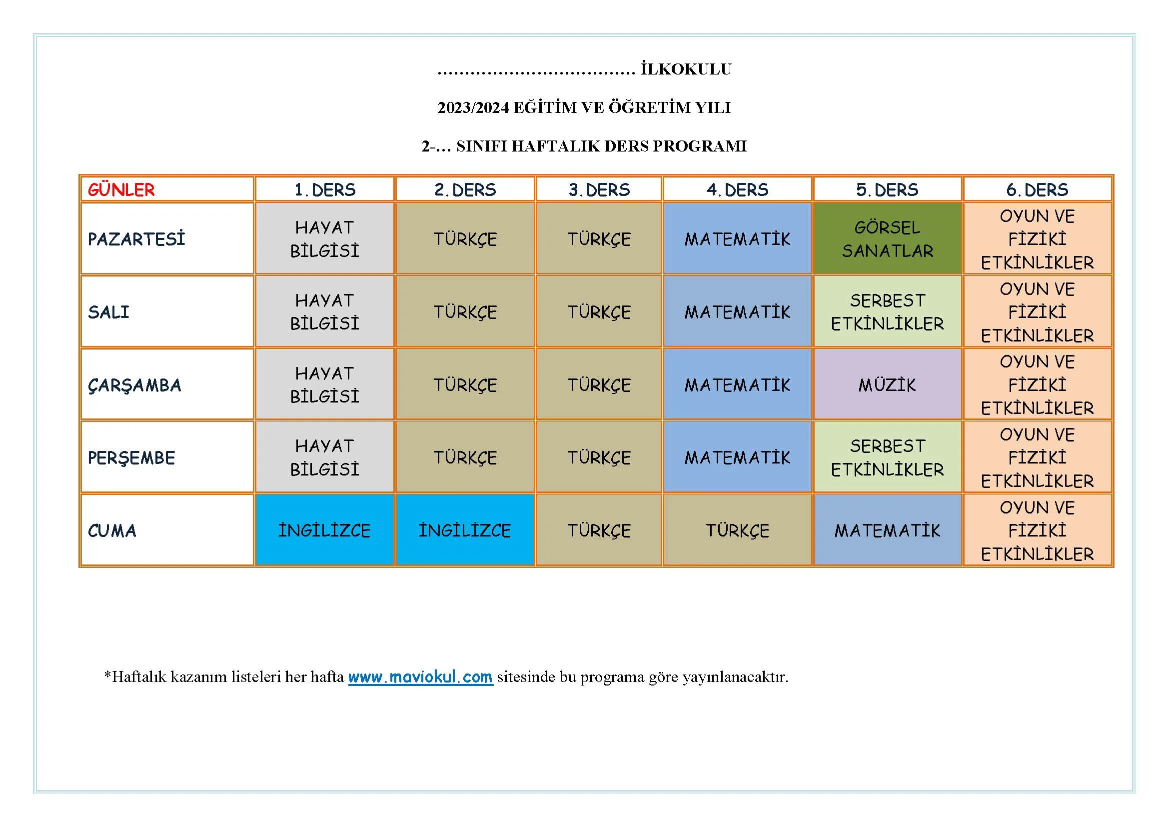 2. Sınıf Haftalık Ders Programı