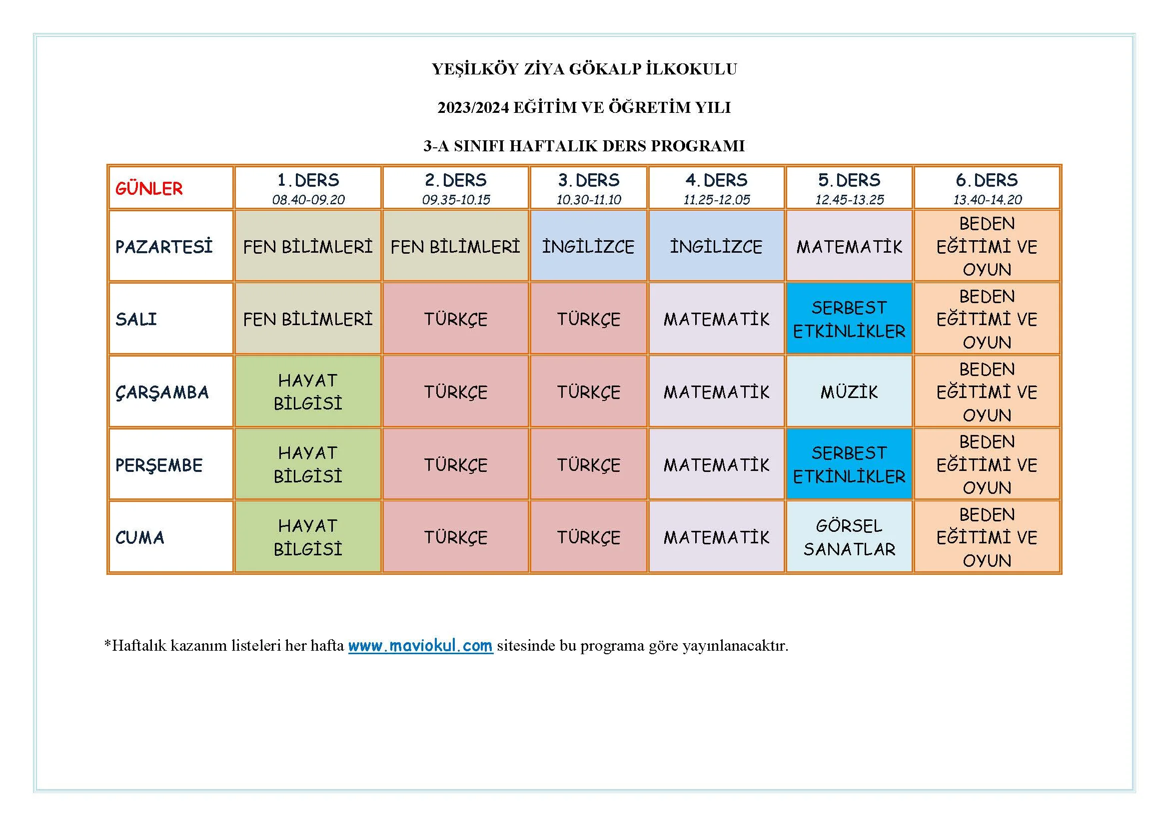 3. Sınıf Haftalık Ders Programı