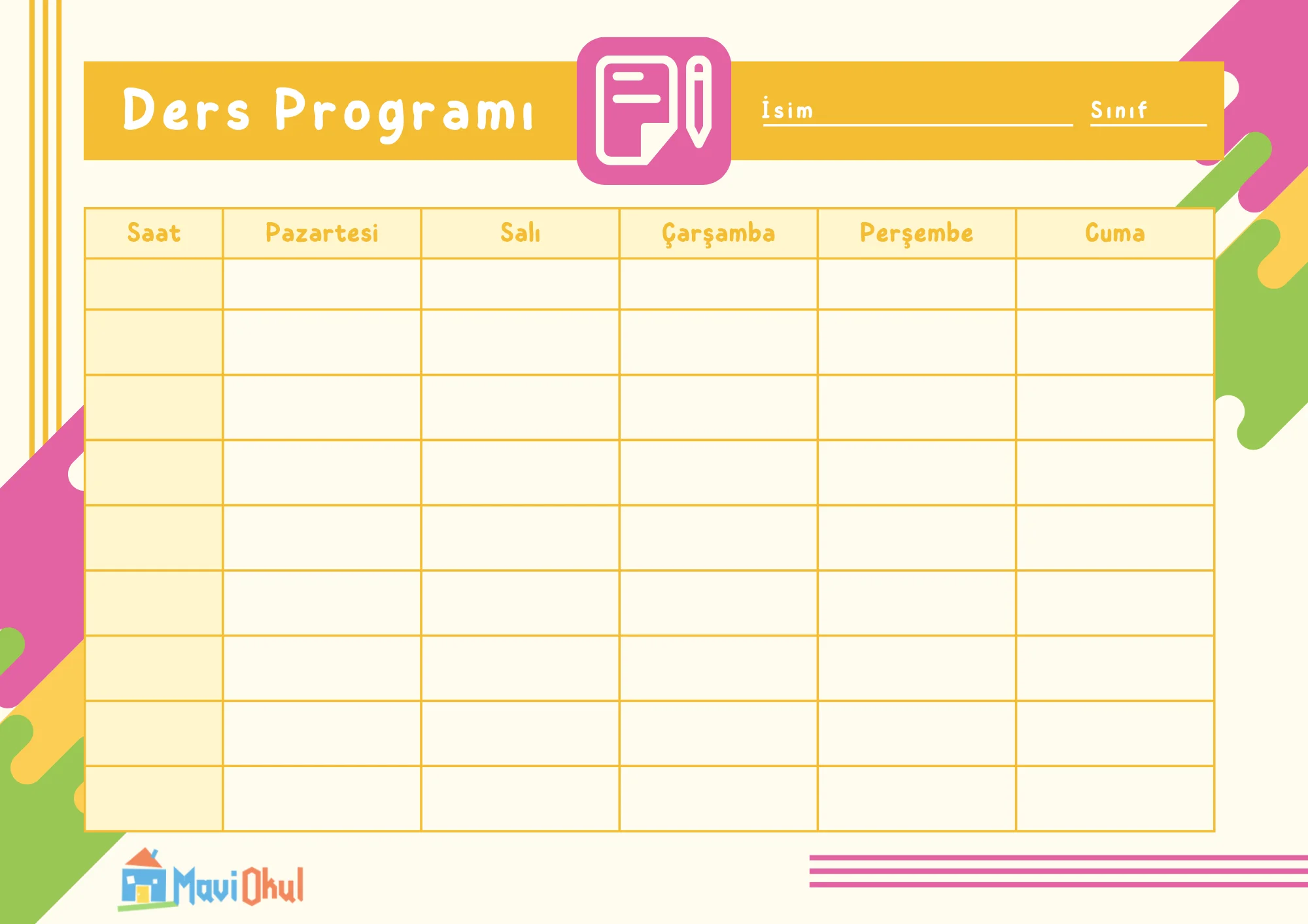 Haftalık Ders Programı Şablonu