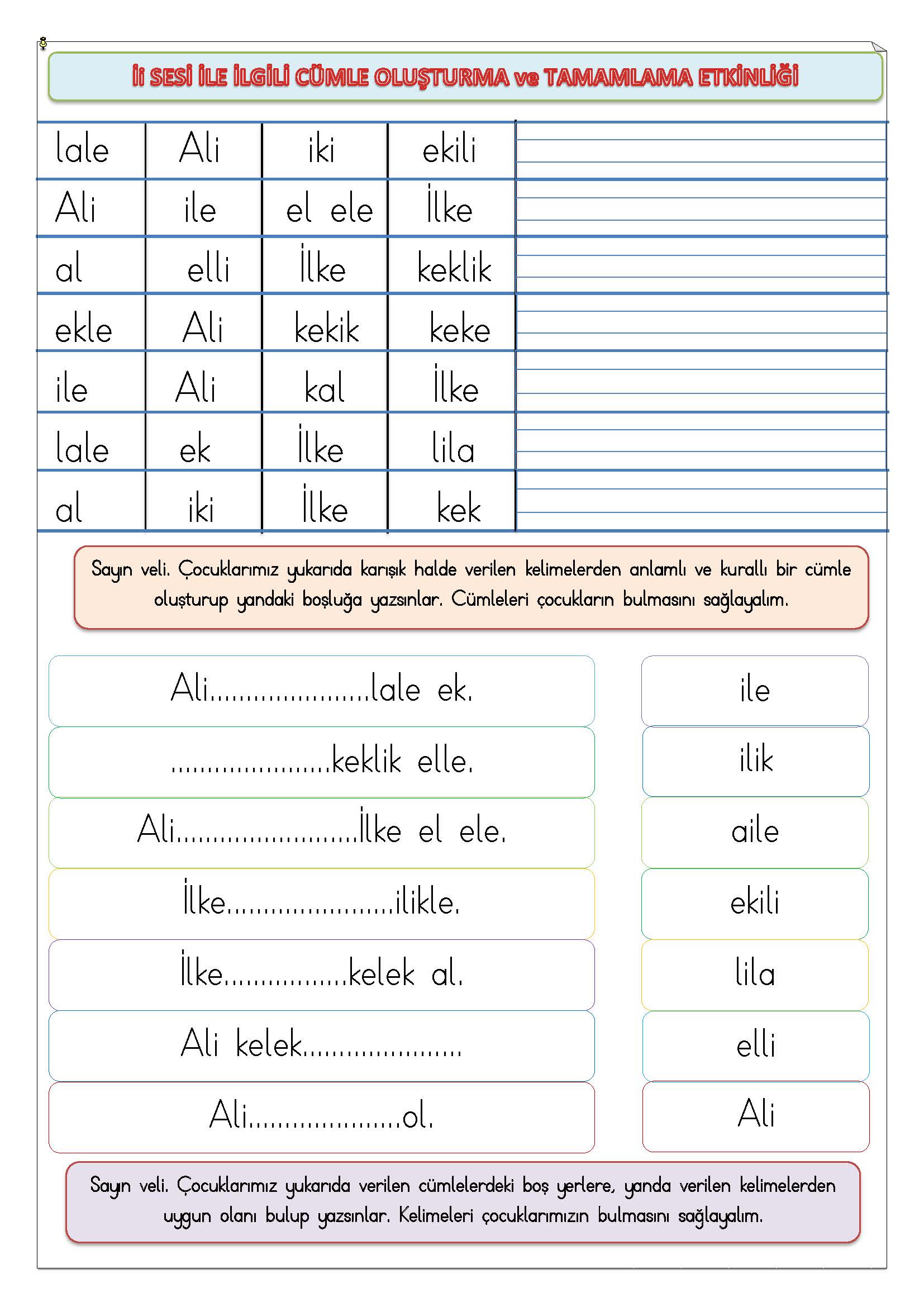 1.Sınıf - İi Sesi İle İlgili Cümle Oluşturma ve Tamamlama Etkinliği