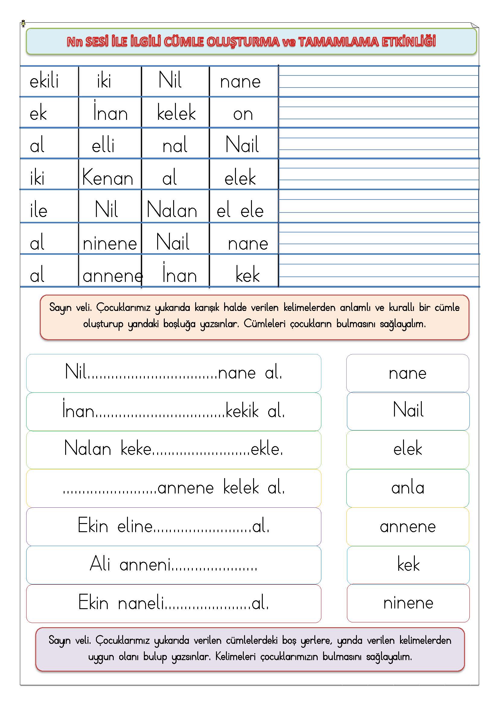 1. Sınıf Nn Sesi İle Cümle Oluşturma ve Tamamlama