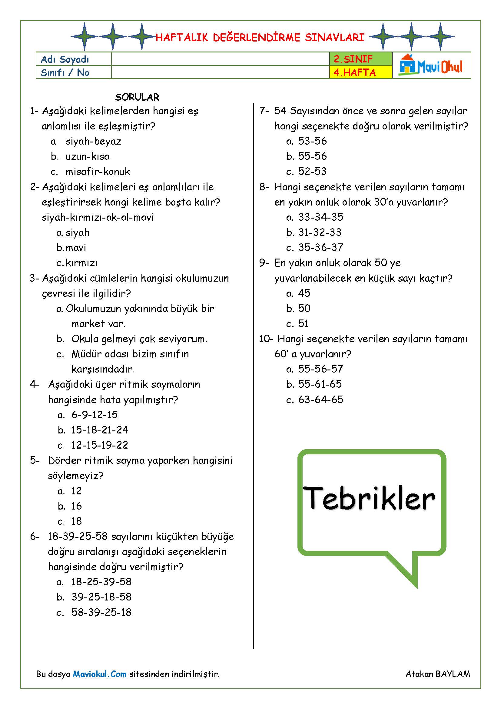 2. Sınıf 4. Hafta (02-06 Ekim) Haftalık Kazanım Değerlendirme Sınavı