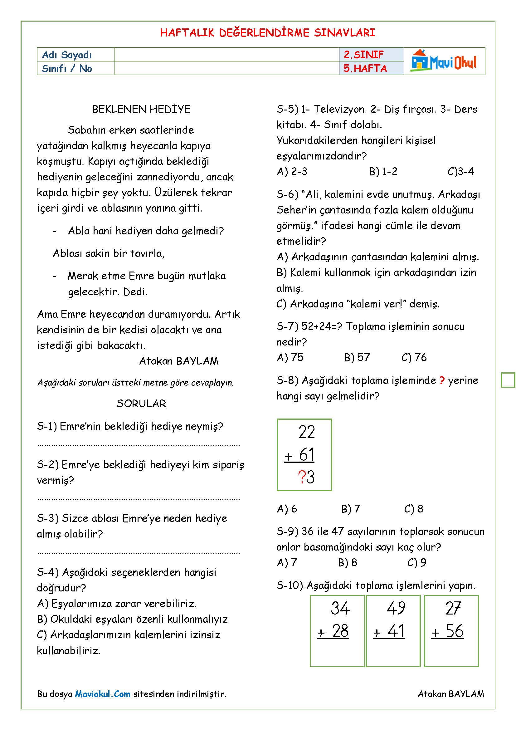 2. Sınıf 5. Hafta Haftalık Kazanım Değerlendirme Sınavı