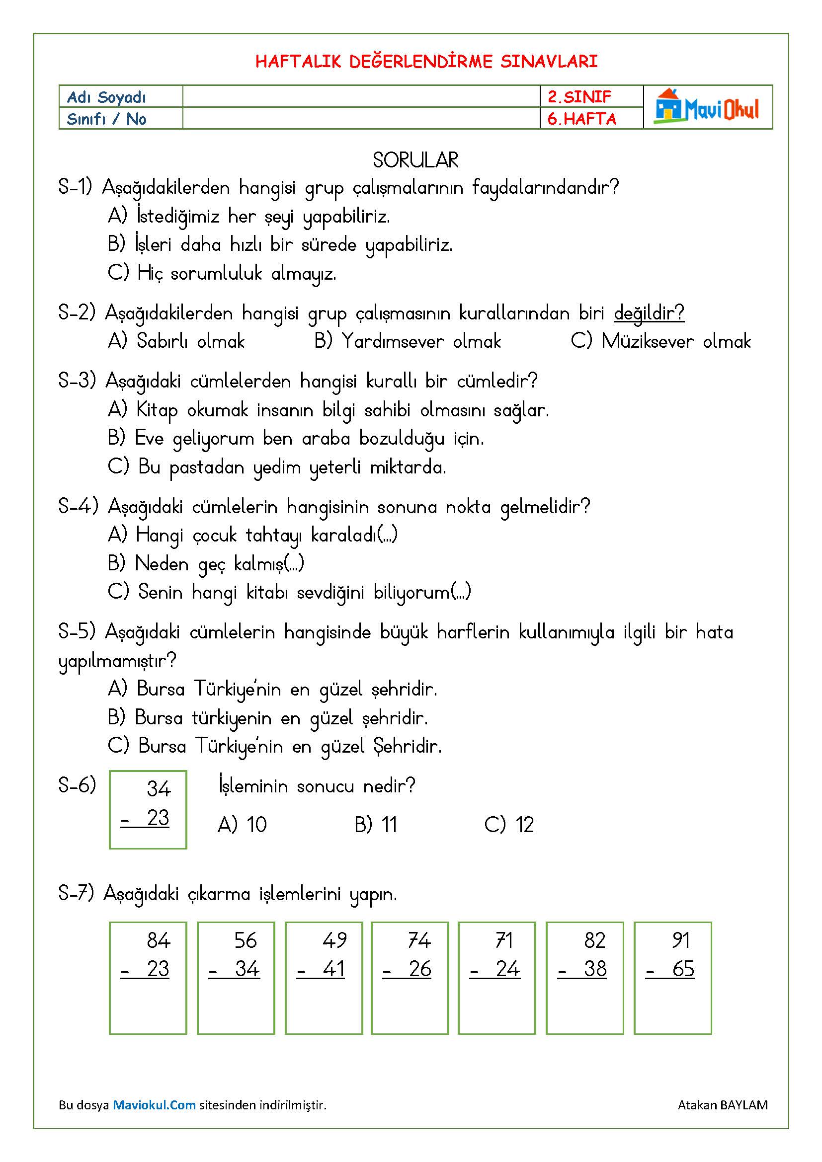 2. Sınıf 6. Hafta Haftalık Kazanım Değerlendirme Sınavı