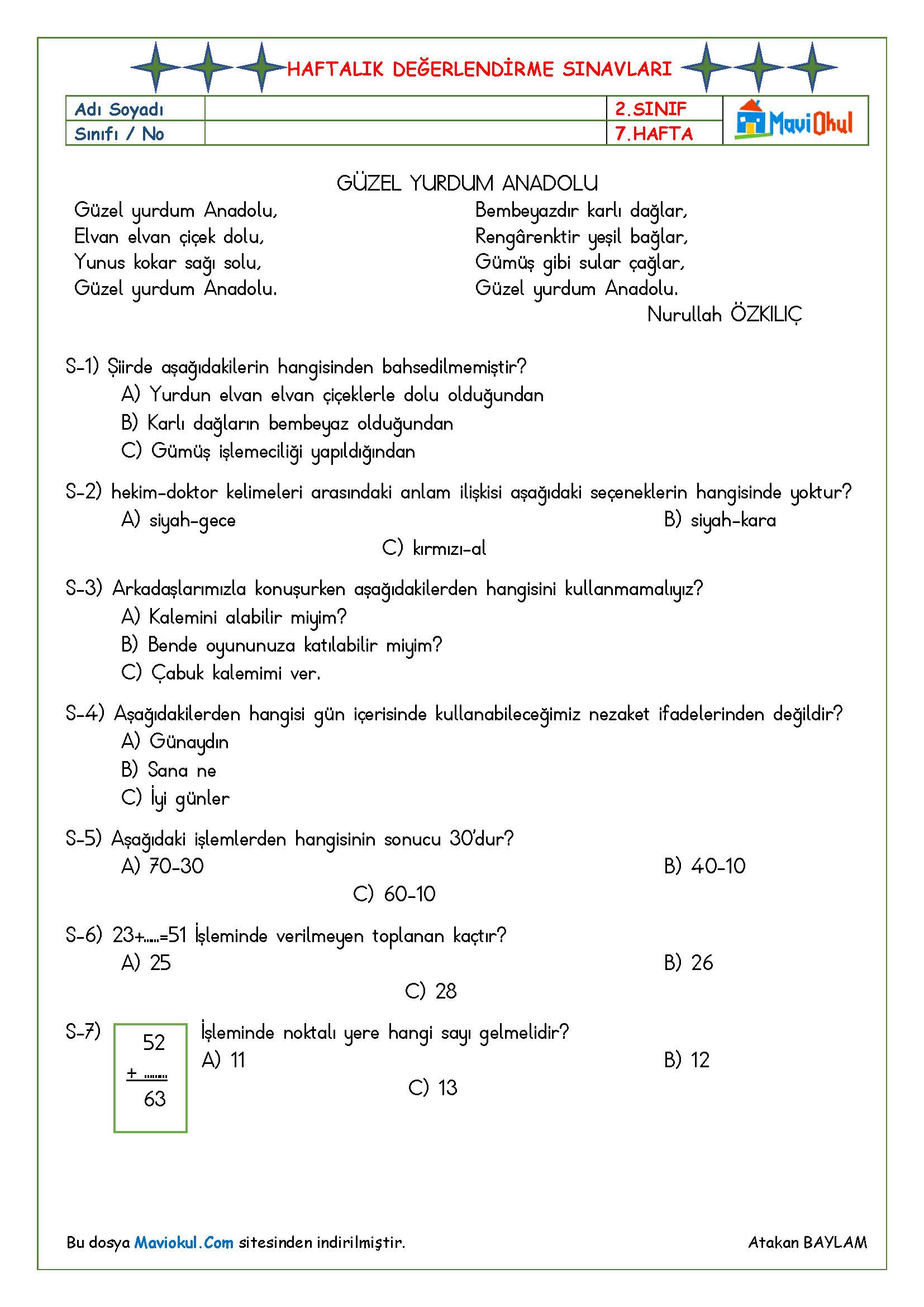 2. Sınıf 7. Hafta (23-27 Ekim) Haftalık Kazanım Değerlendirme Sınavı