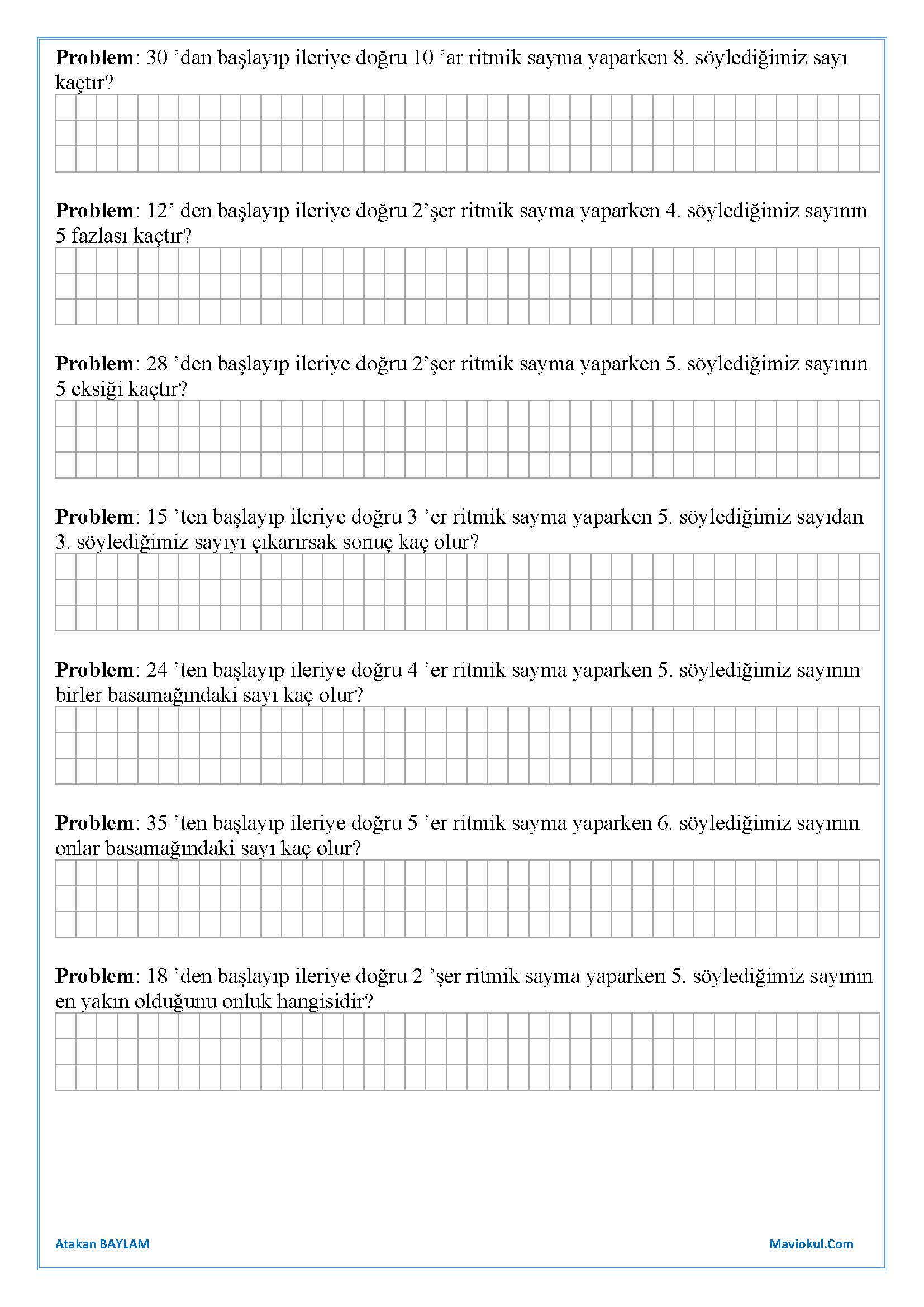 2. Sınıf Matematik Ritmik Sayma Problemleri