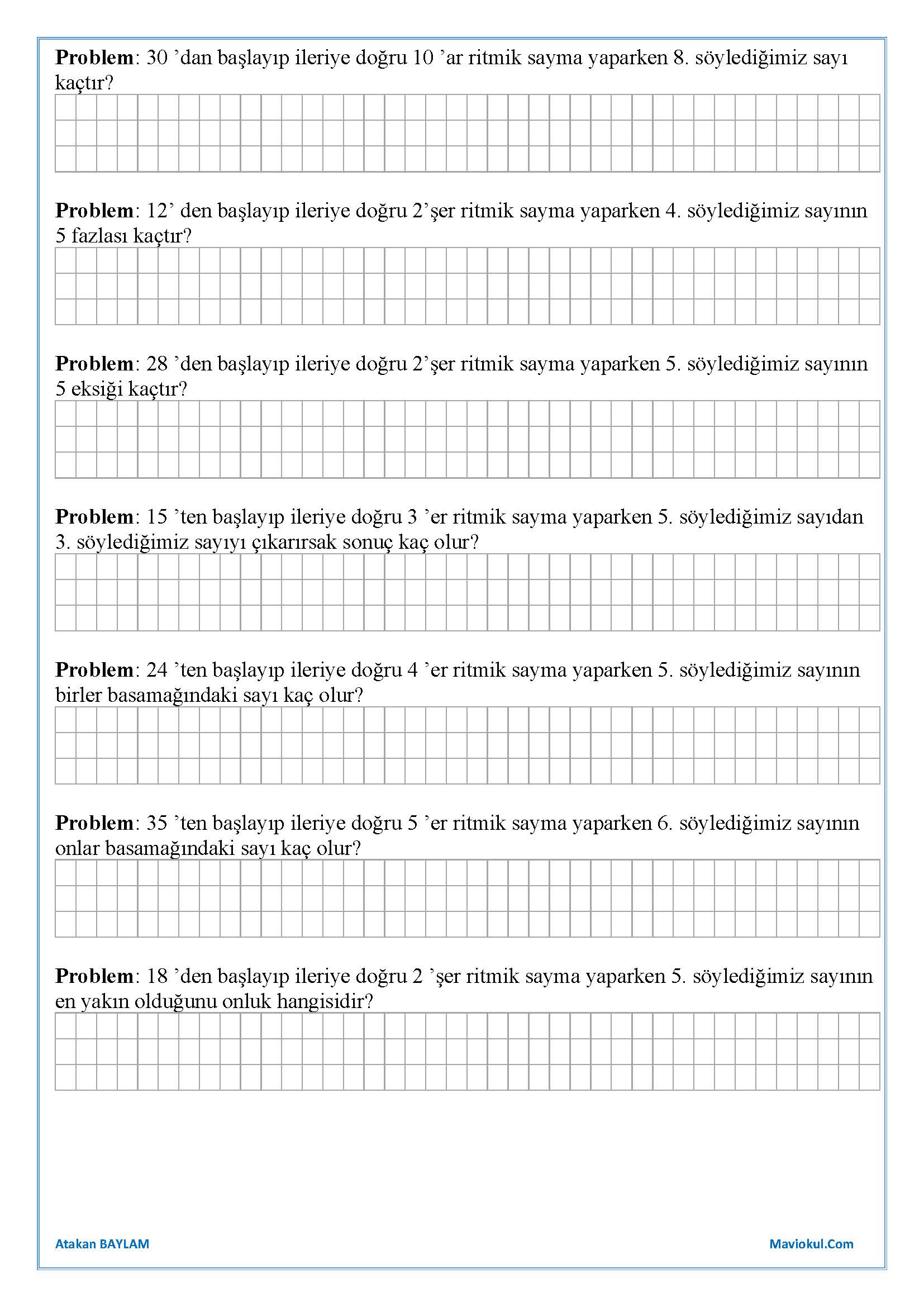 2. Sınıf Matematik Ritmik Sayma Problemleri