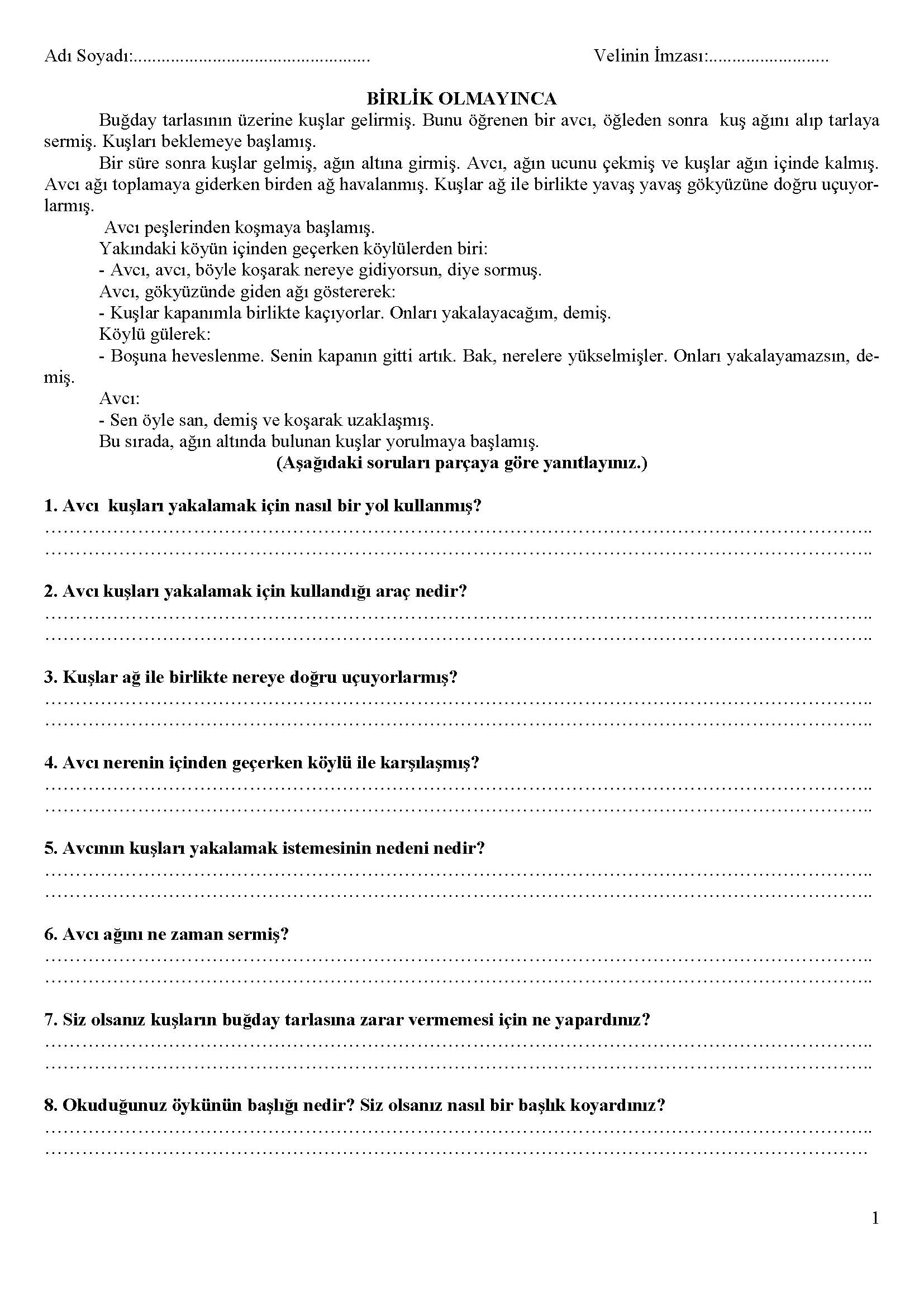 2. Sınıf Türkçe Okuma Anlama Etkinliği - BİRLİK OLMAYINCA