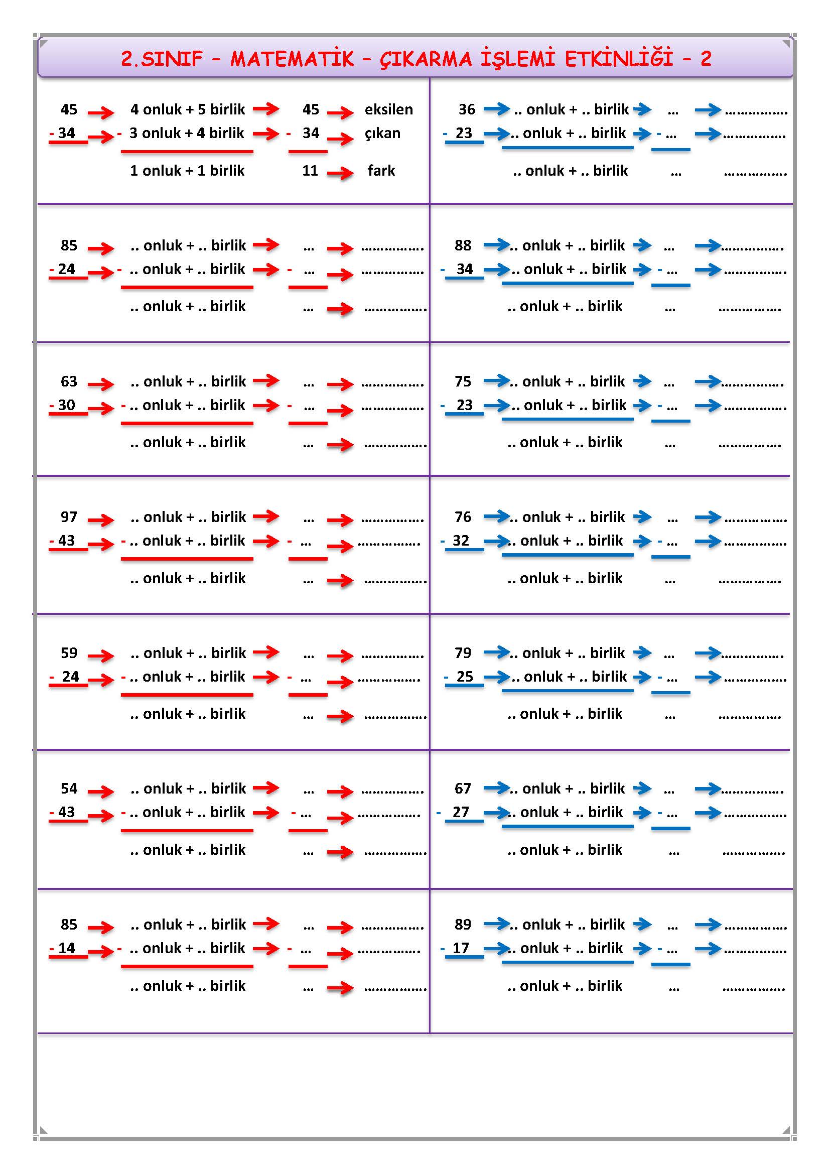 2. Sınıf Matematik Çıkarma İşlemi Etkinliği