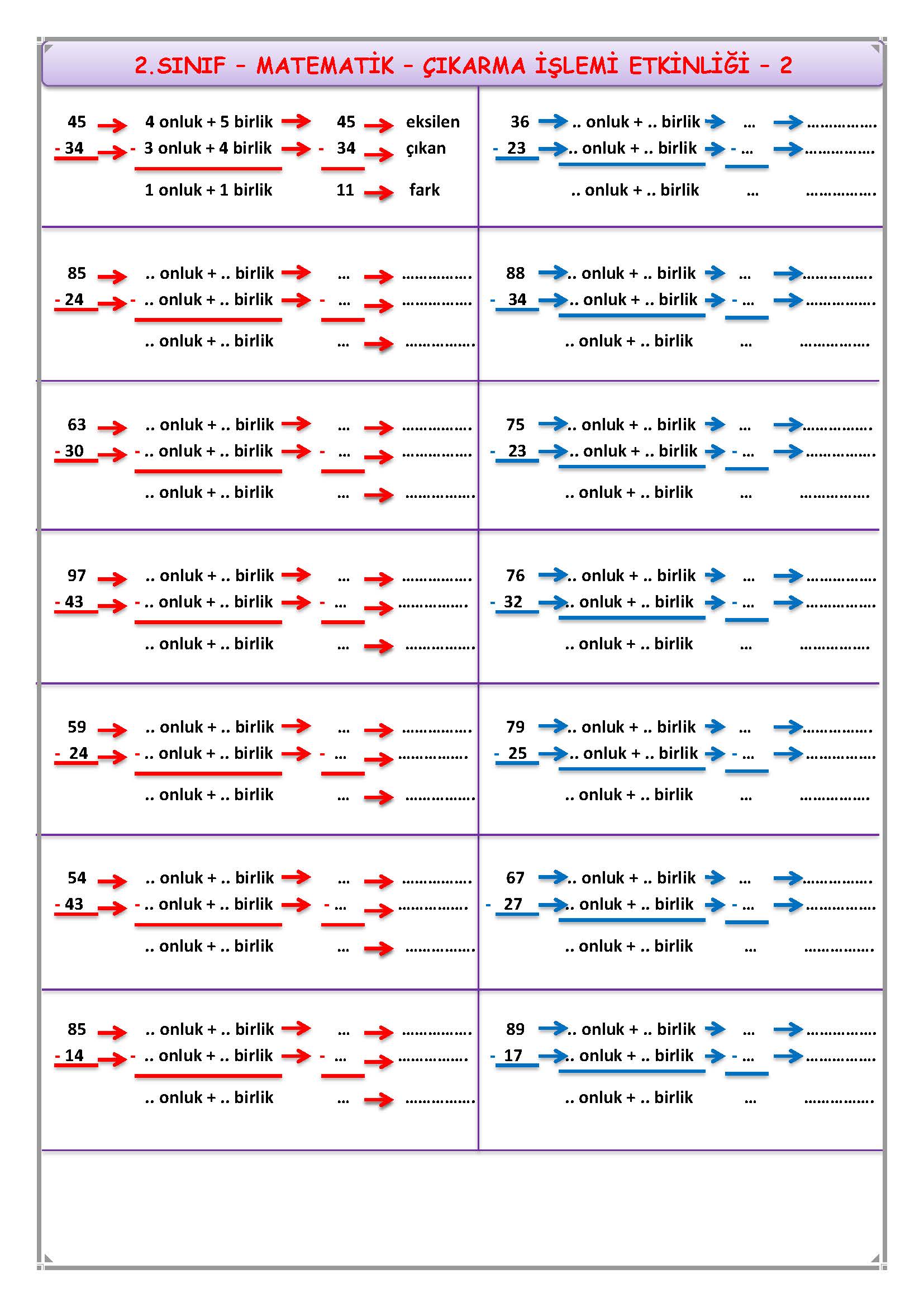 2. Sınıf Matematik Çıkarma İşlemi Etkinliği