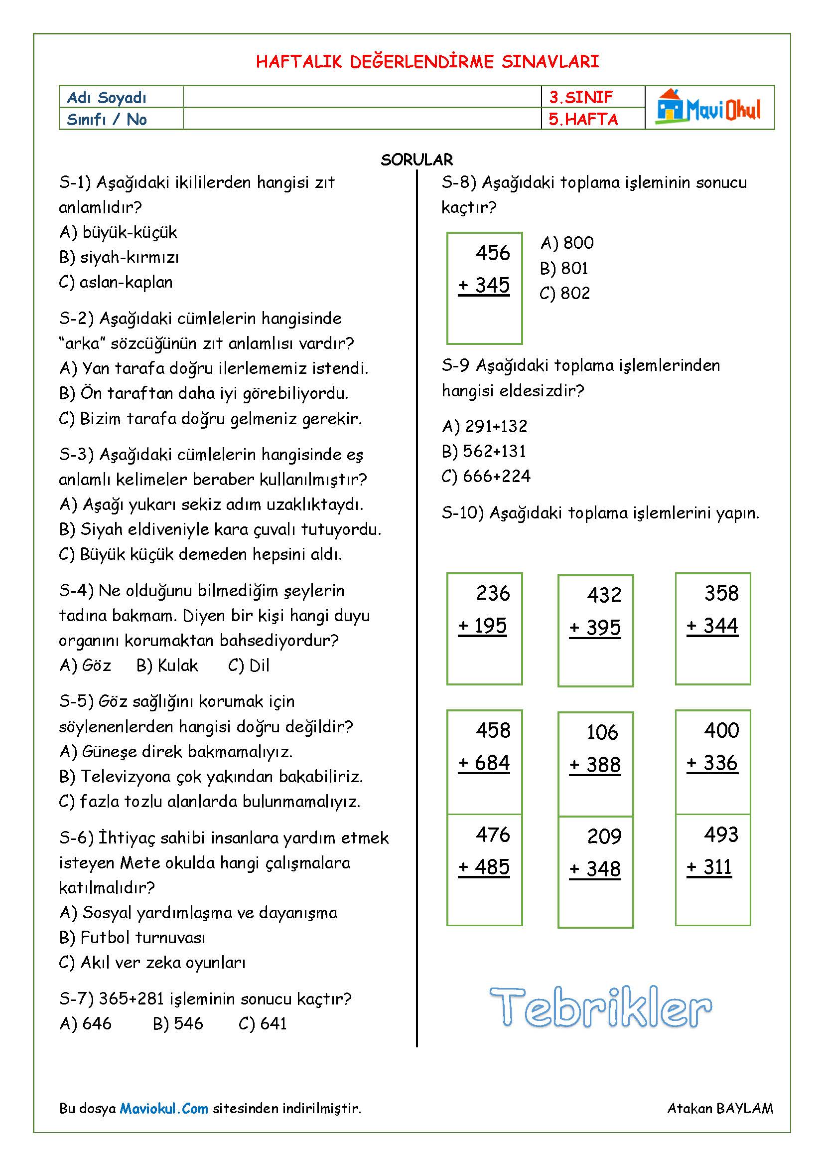 3. Sınıf 5. Hafta Haftalık Kazanım Değerlendirme Soruları