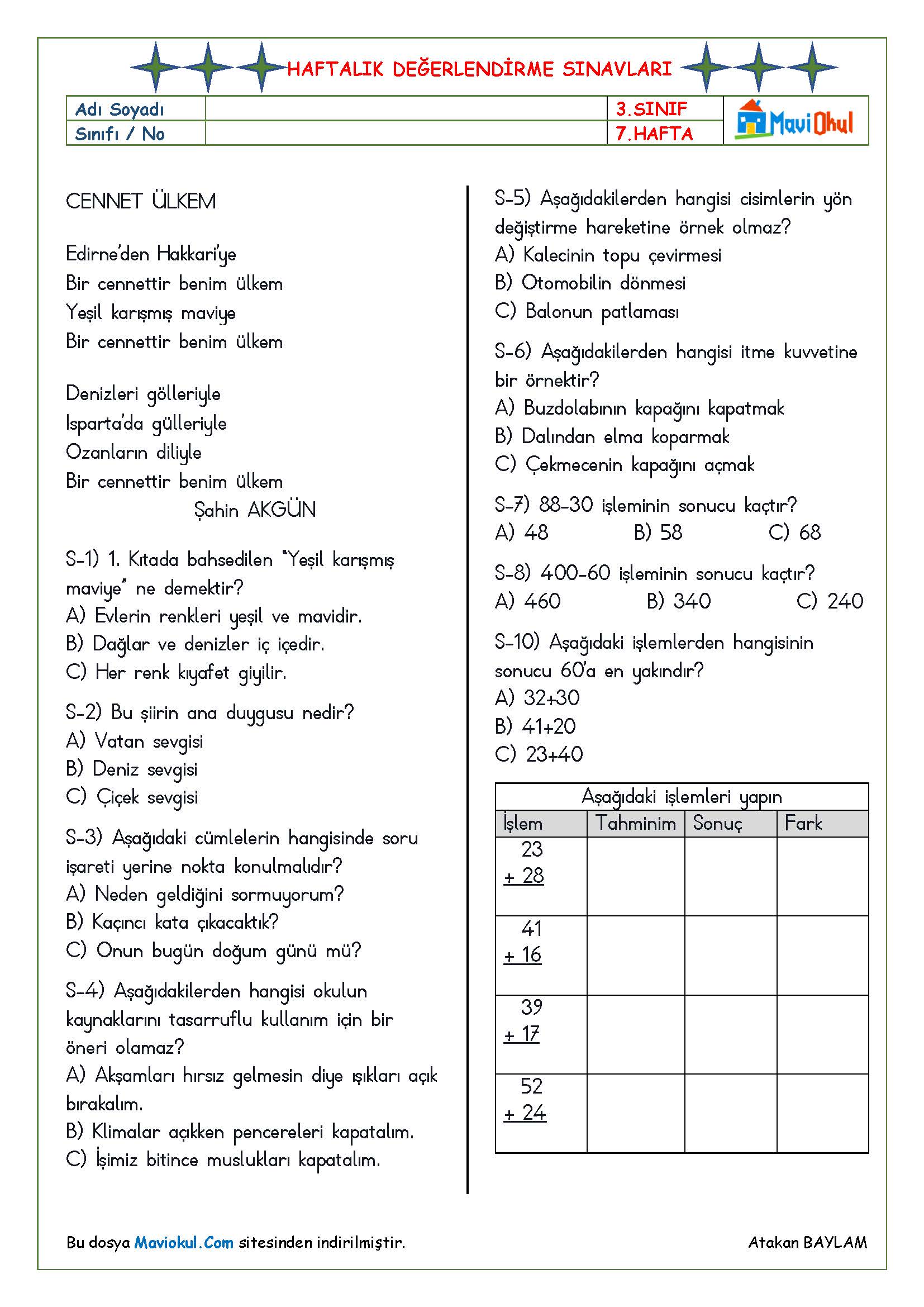 3. Sınıf 7. Hafta (23-27 Ekim) Haftalık Kazanım Değerlendirme Sınavı