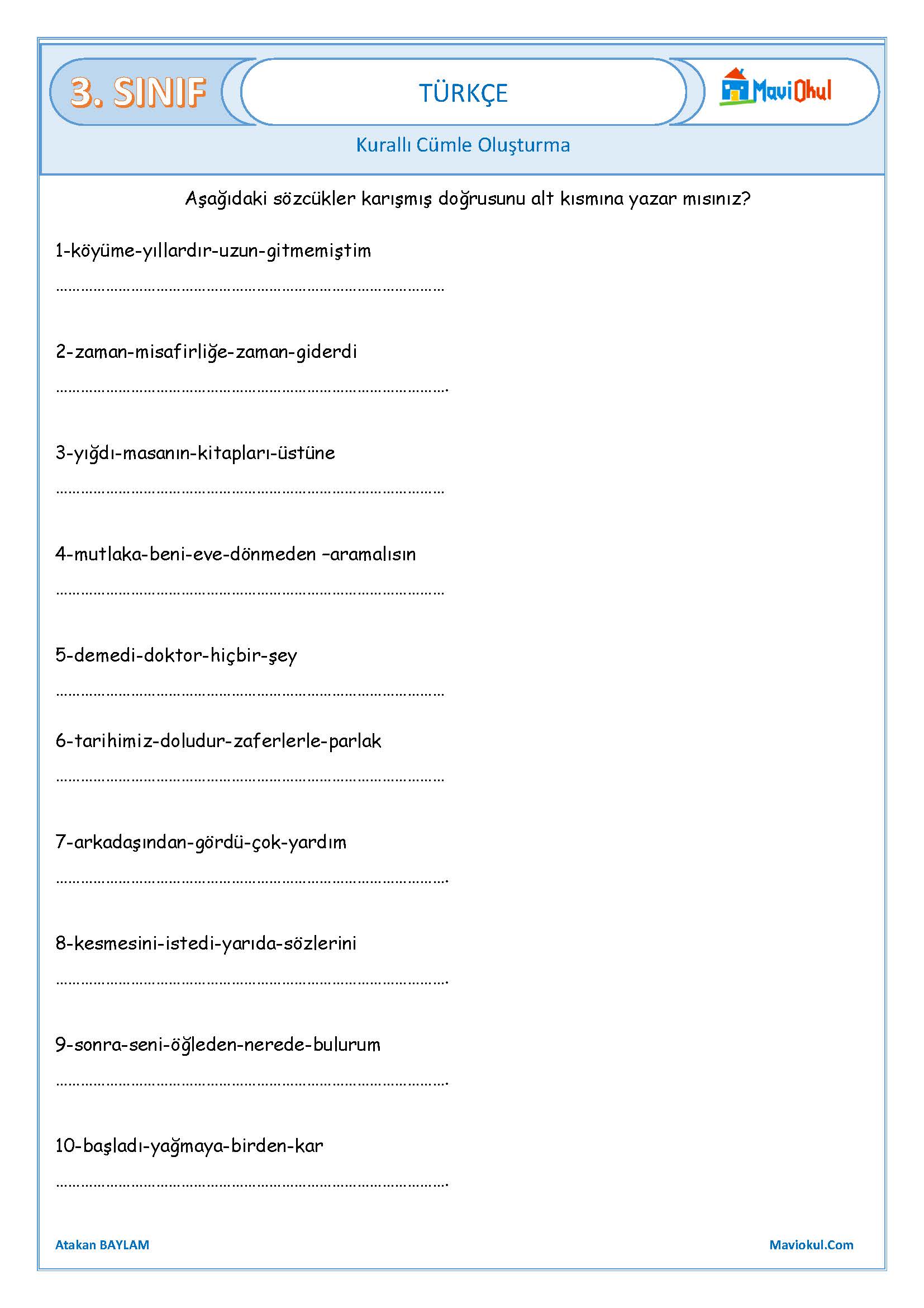 3. Sınıf Türkçe Anlamlı ve Kurallı Cümle Oluşturma