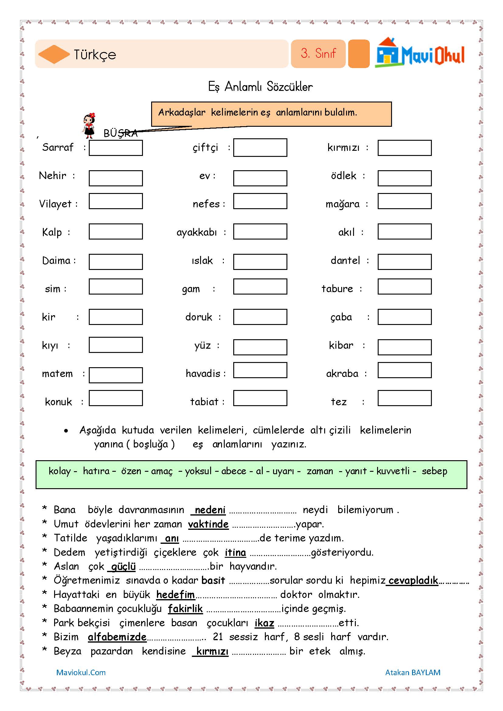 3. Sınıf Türkçe Eş Anlamlı Sözcükler Çalışması