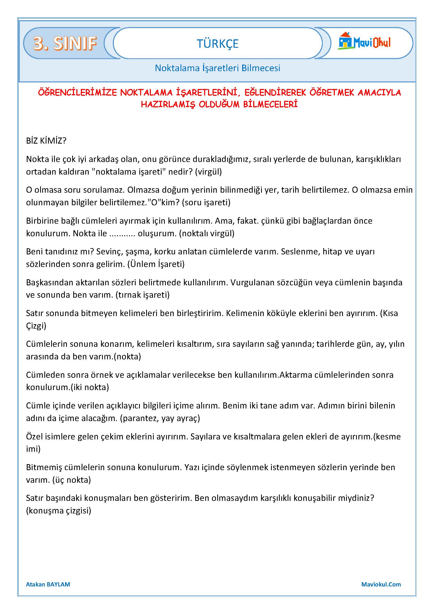 3. Sınıf Türkçe Noktalama İşaretleri Bilmeceleri