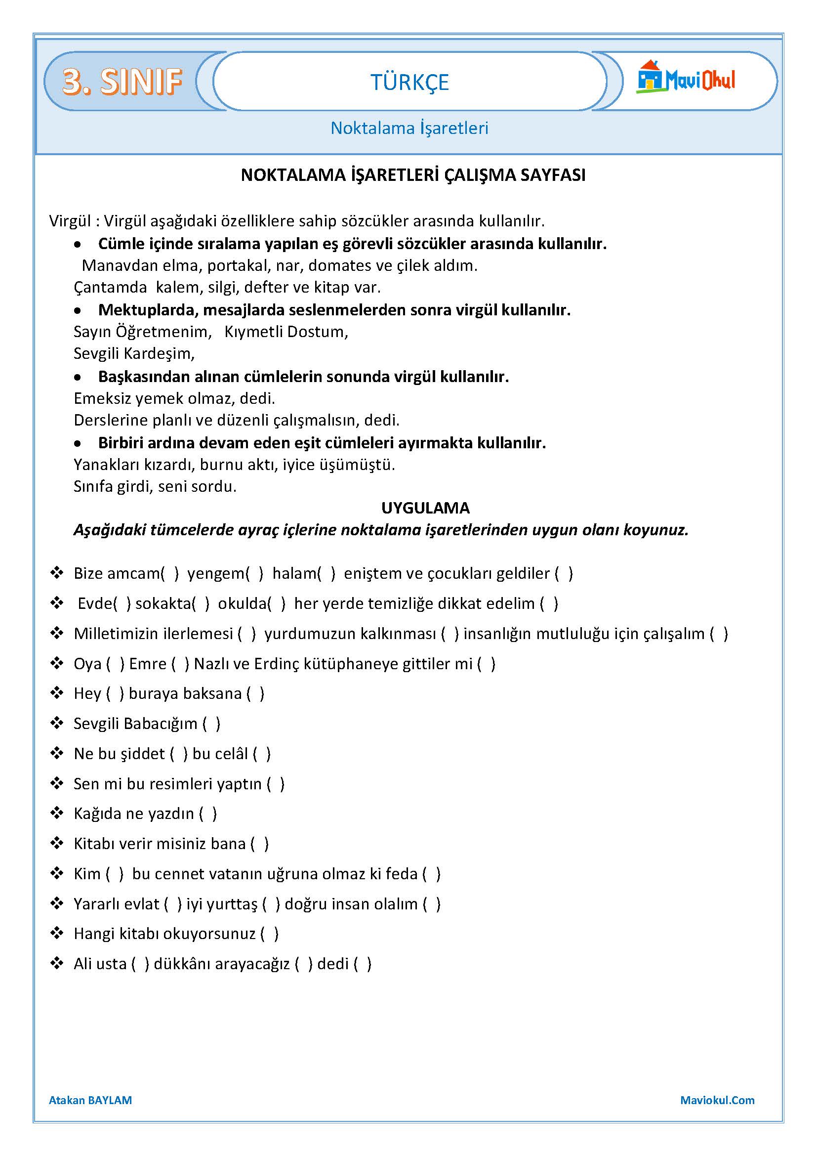 3. Sınıf Türkçe Noktalama İşaretleri Çalışma Kağıdı-2