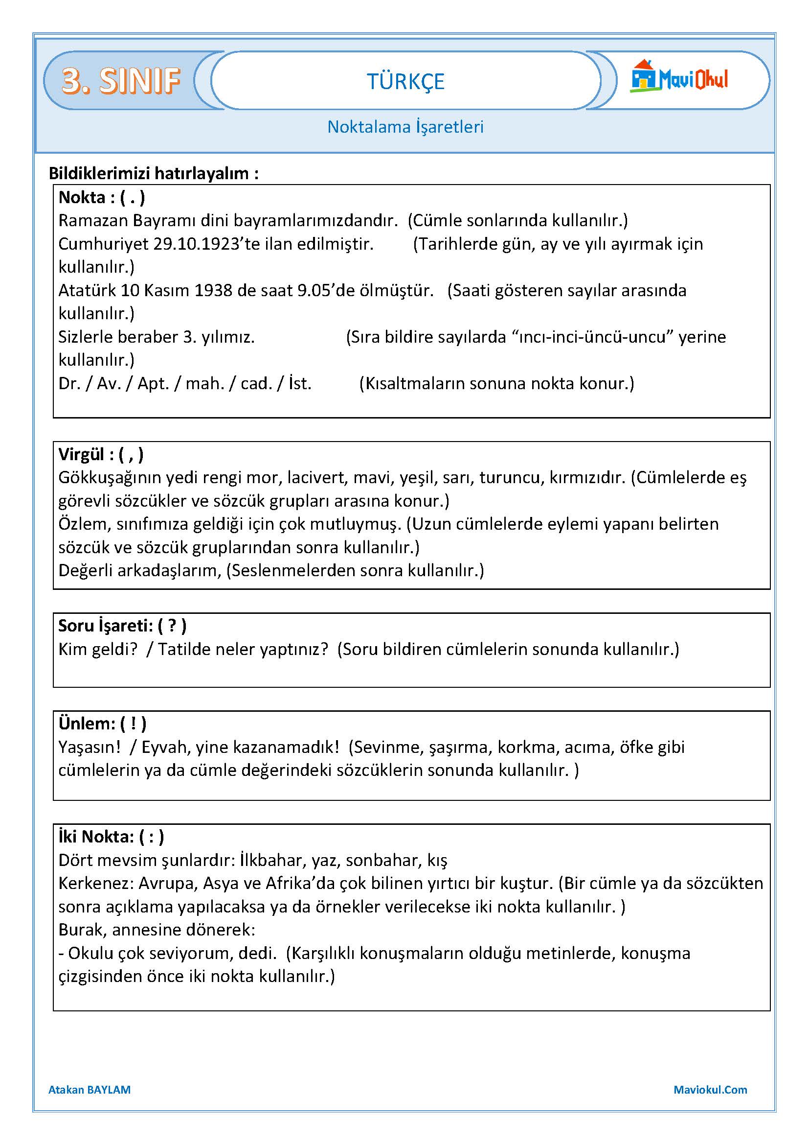 3. Sınıf Türkçe Noktalama İşaretleri Hatırlatma Konu Özeti