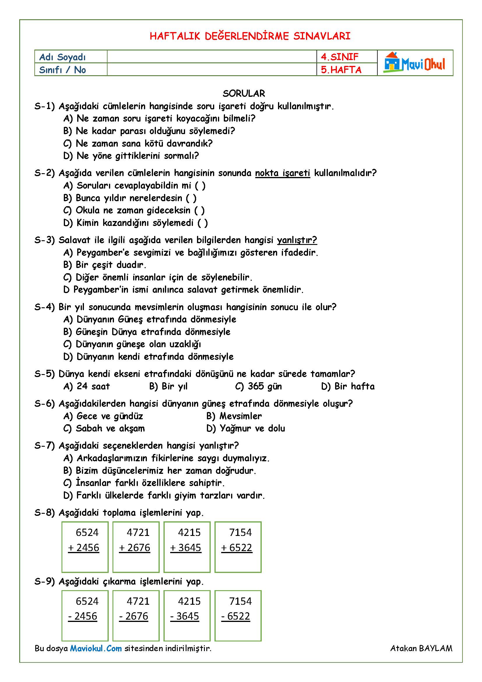 4. Sınıf 5. Hafta Haftalık Kazanım Değerlendirme Sınavı