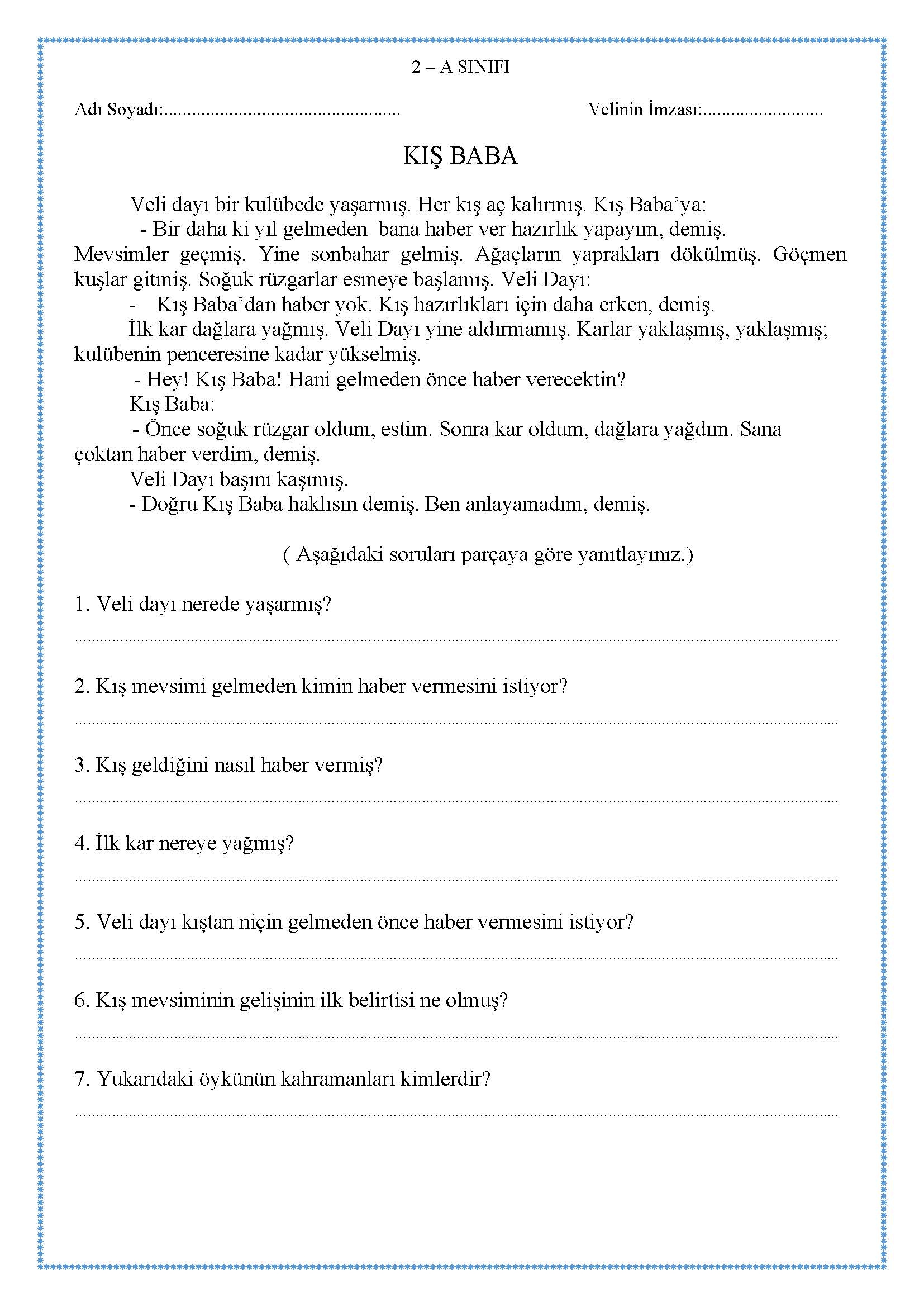 2. Sınıf Türkçe Okuma Anlama Metni - Kış Baba