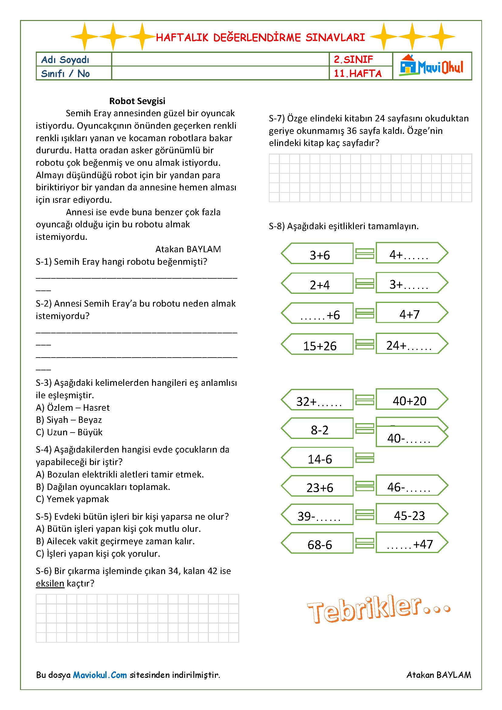 2. Sınıf 11. Hafta (27 Kasım - 1 Aralık) Haftalık Kazanım Değerlendirme Sınavı