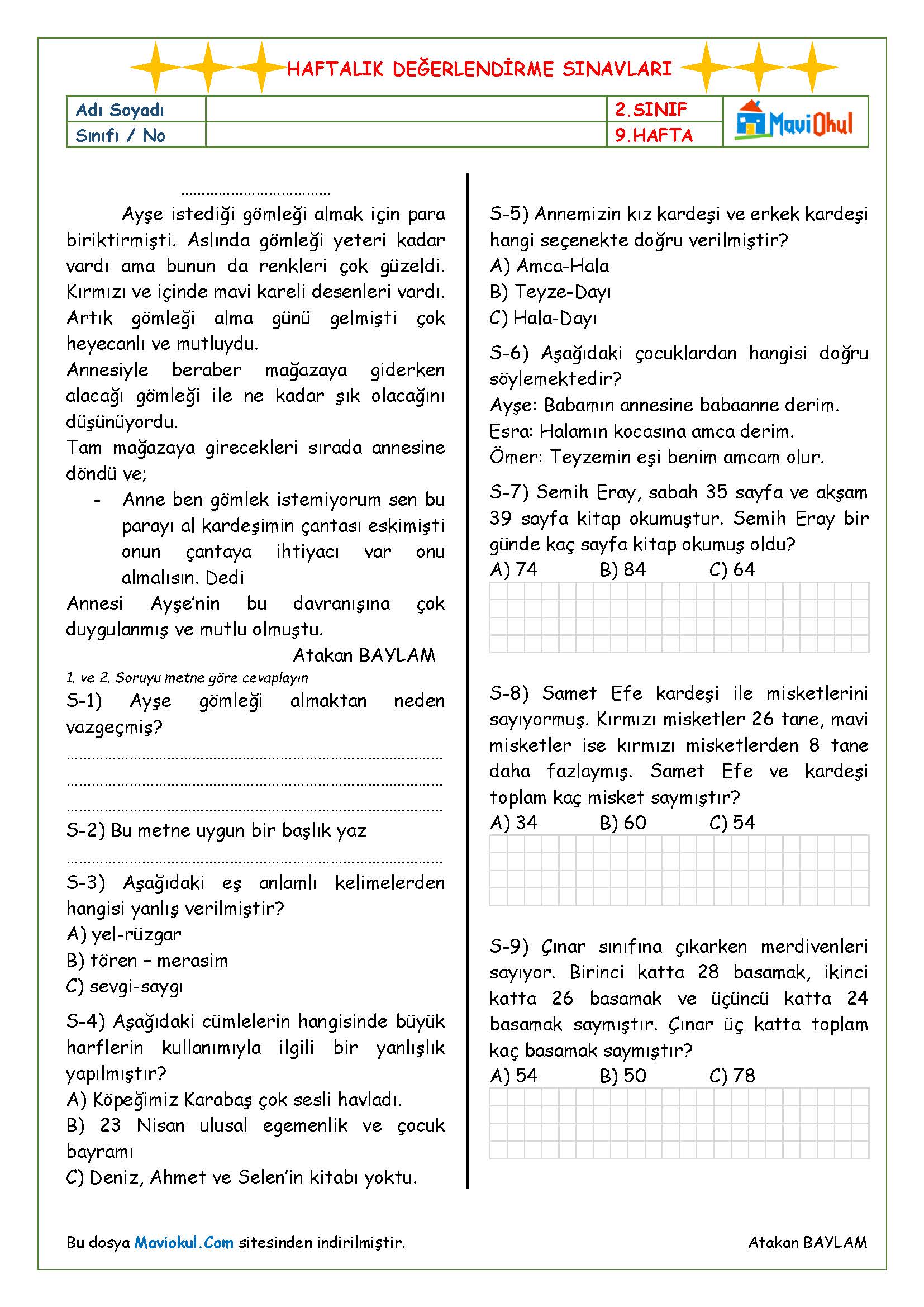 2. Sınıf 9. Hafta (06-10 Kasım) Haftalık Kazanım Değerlendirme Sınavı