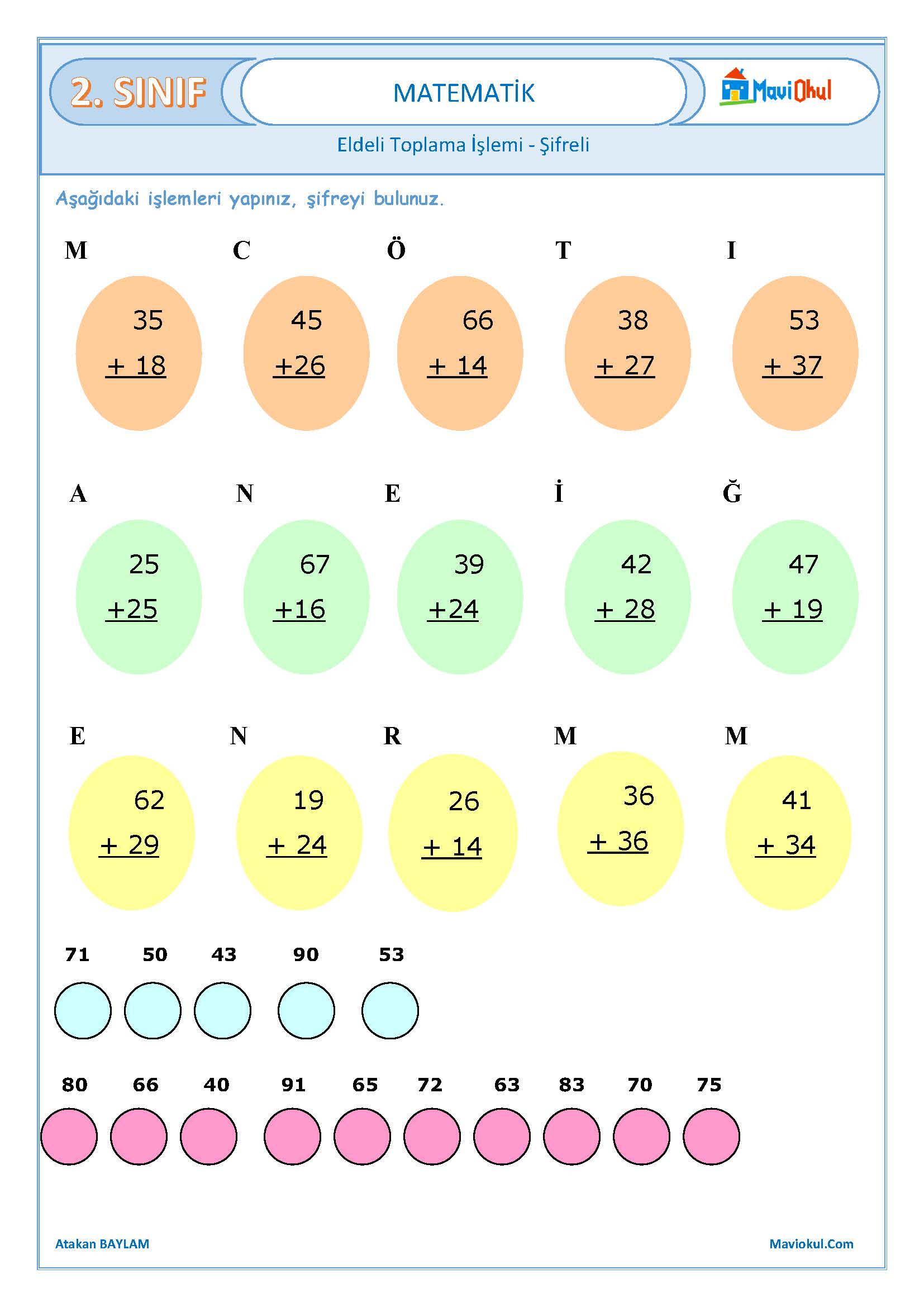 2. Sınıf Matematik Eldeli Toplama Alıştırmaları (Şifreli)