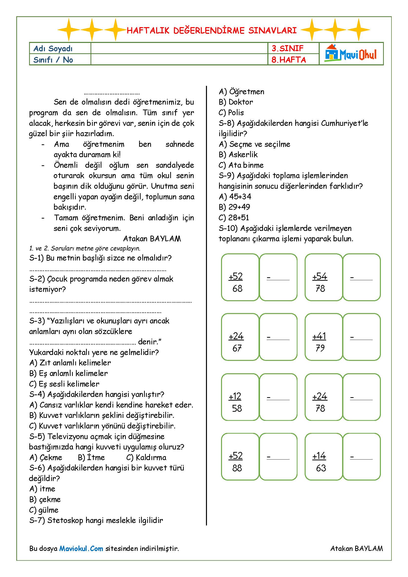 3. Sınıf 8. Hafta (30 Ekim - 3 Kasım) Haftalık Kazanım Değerlendirme Sınavı