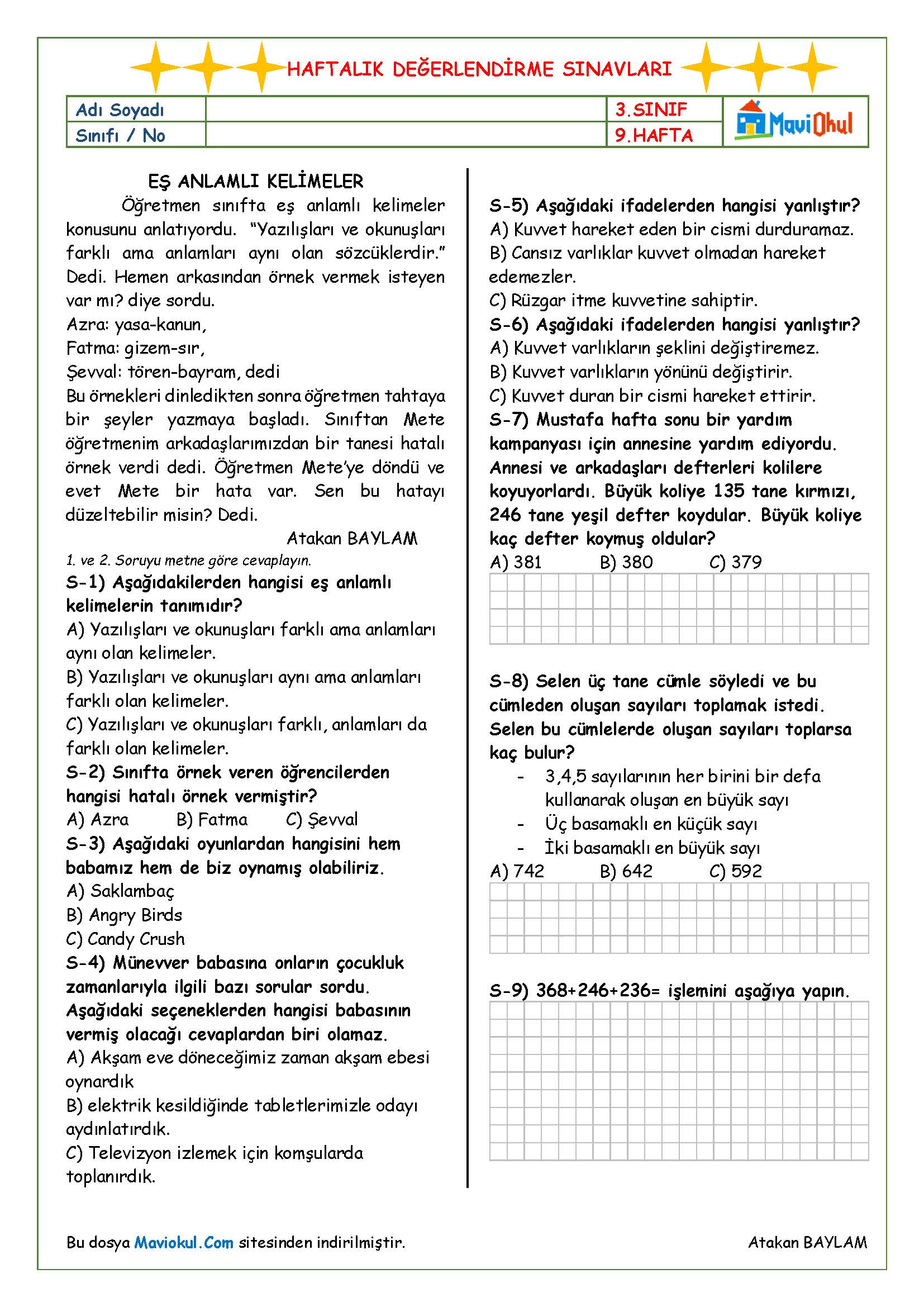 3. Sınıf 9. Hafta (06-10 Kasım) Haftalık Kazanım Değerlendirme Sınavı