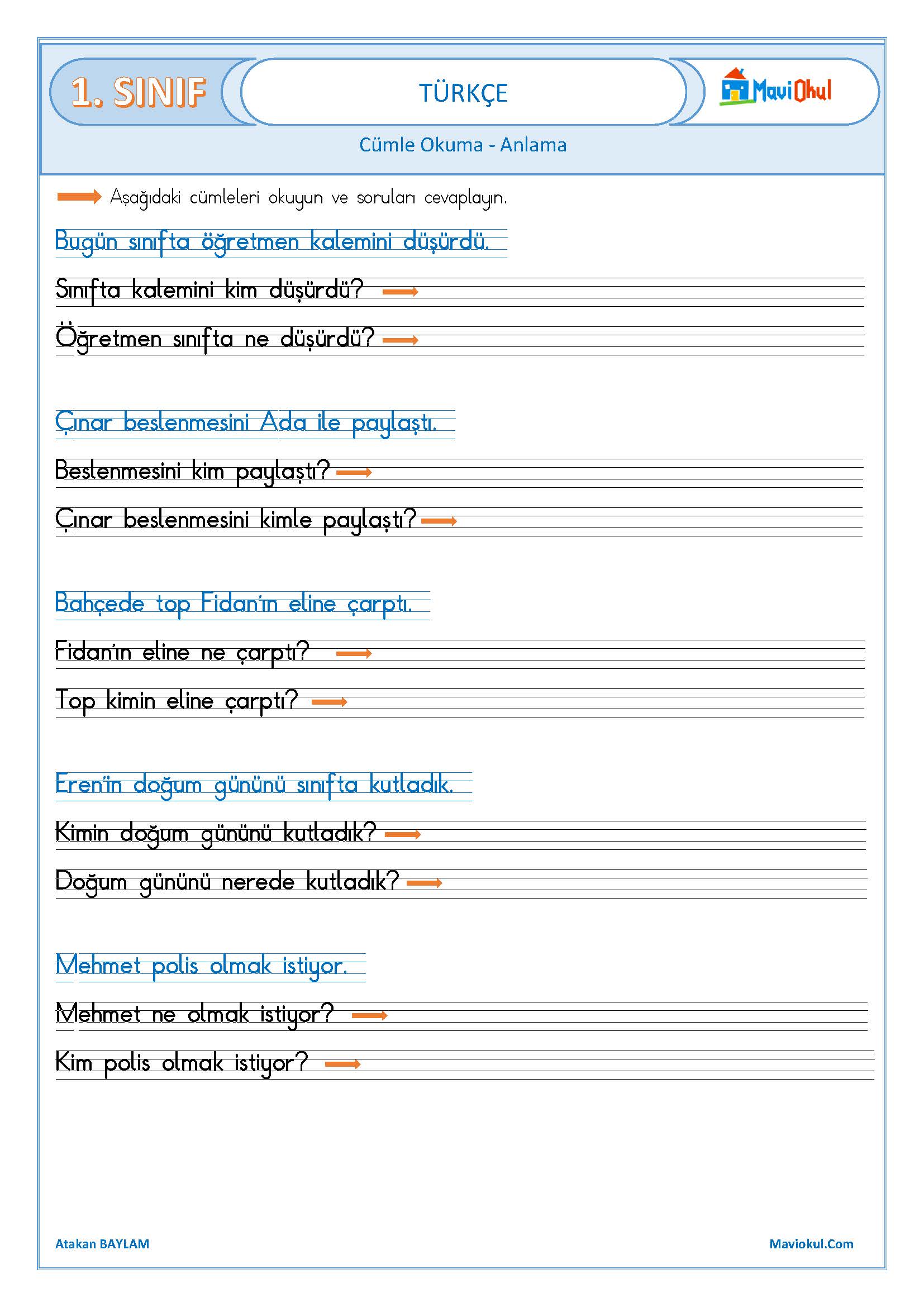 1. Sınıf Türkçe Cümle Okuma - Anlama Etkinliği