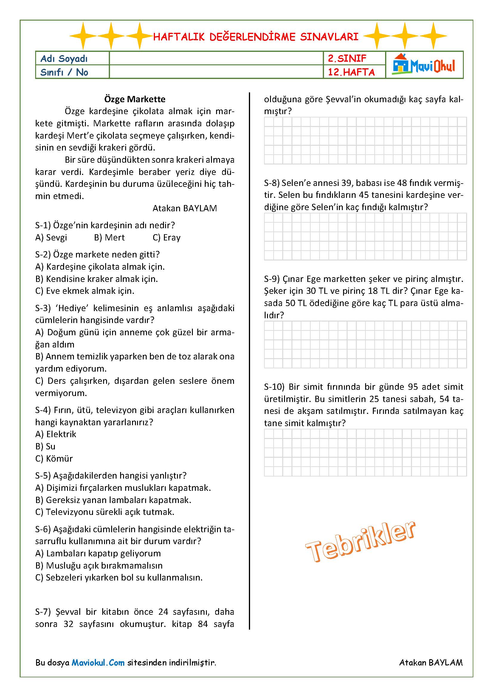 2. Sınıf 12. Hafta (04-08 Aralık) Haftalık Kazanım Değerlendirme Sınavı