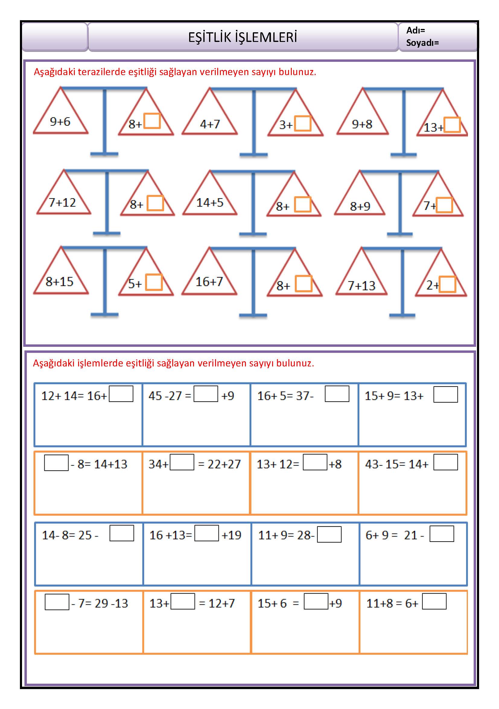 2. Sınıf Matematik Eşitlik İşlemleri