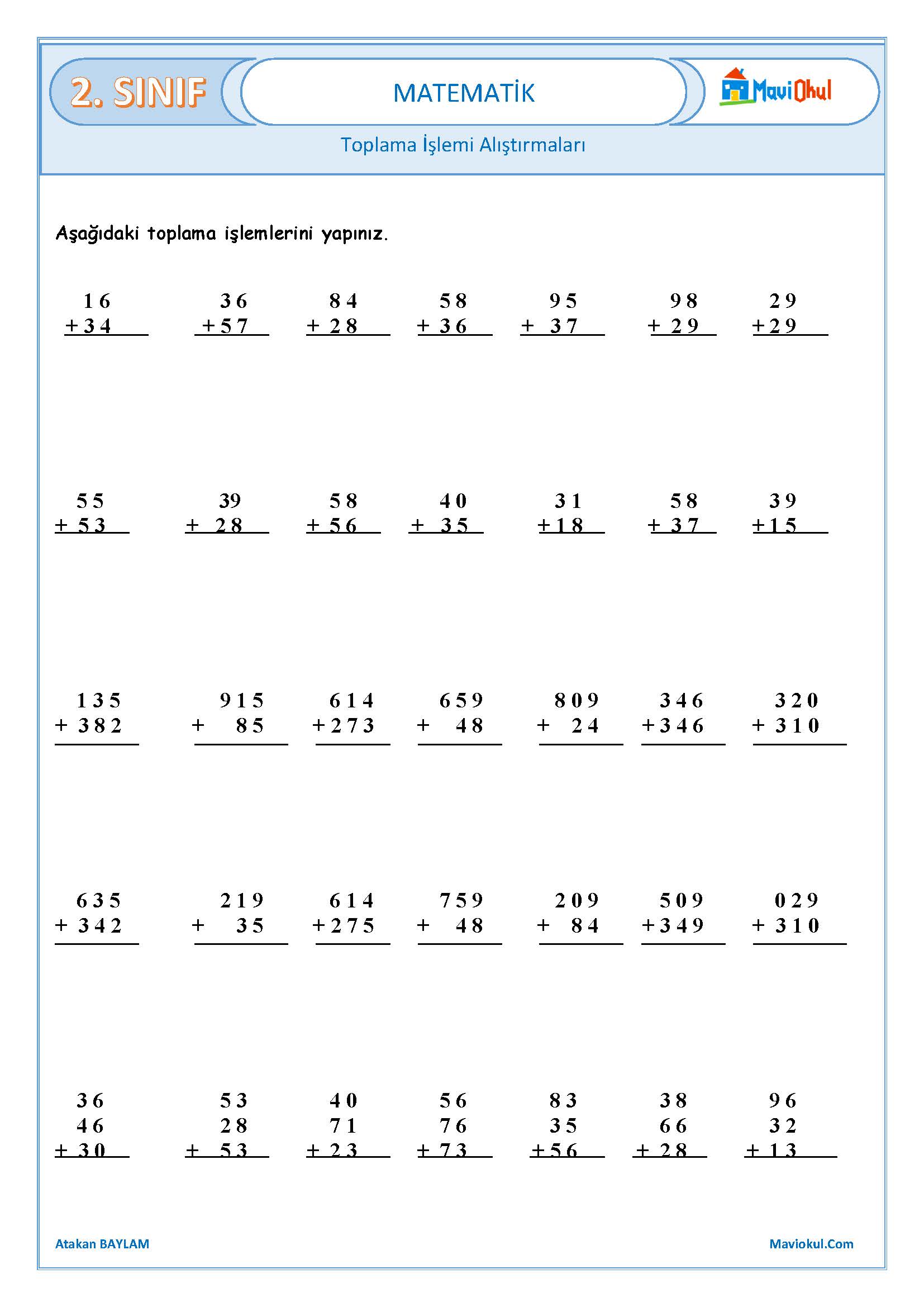 2. Sınıf Matematik Toplama İşlemi Alıştırmaları-2