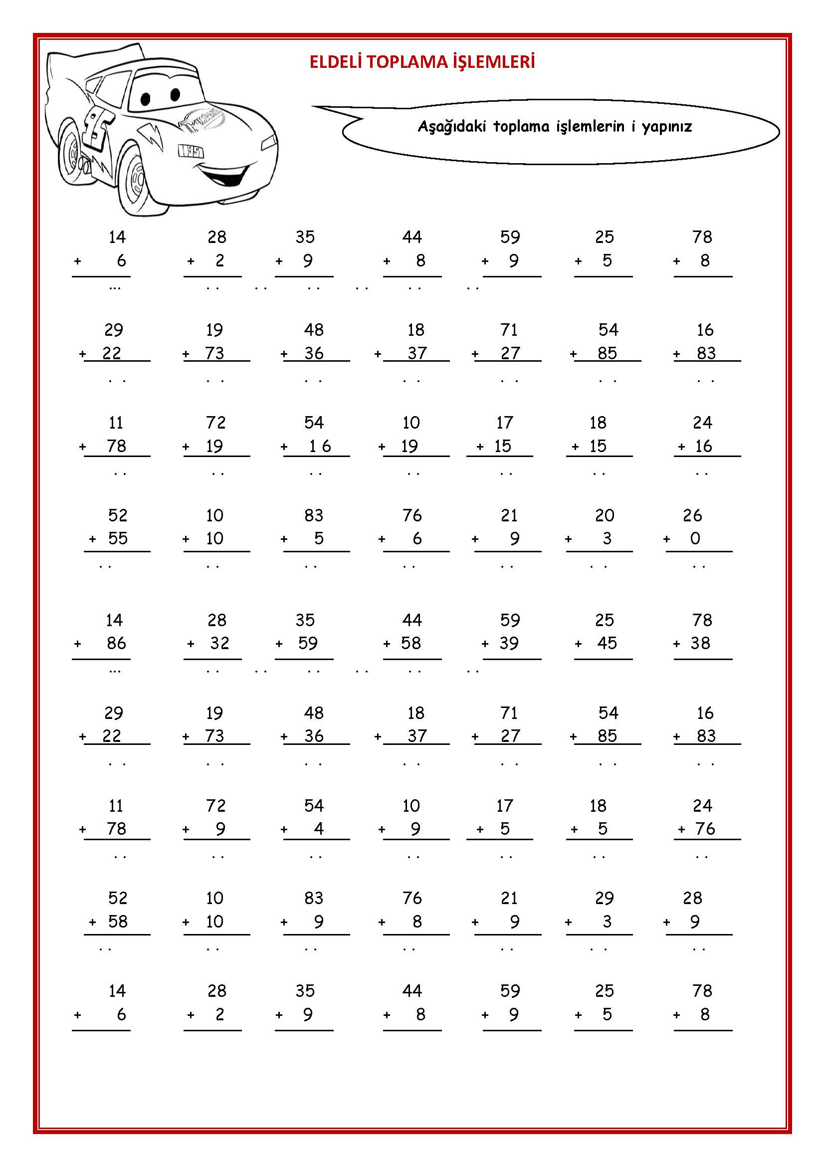 2. Sınıf Matematik Toplama İşlemi Alıştırmaları