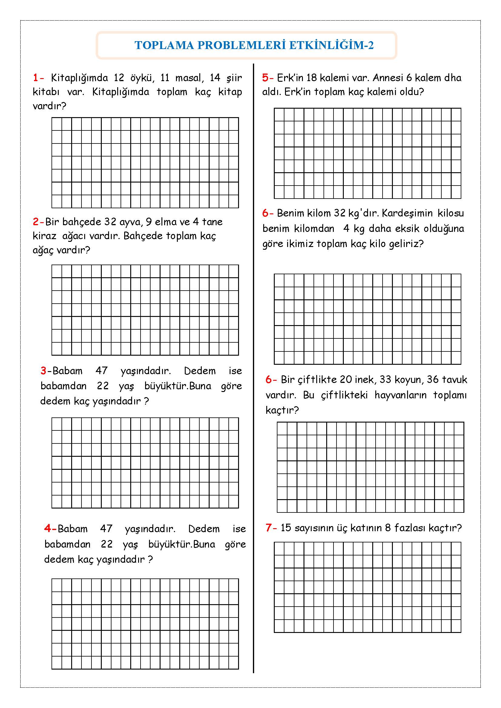 2. Sınıf Matematik Toplama İşlemi Problemleri