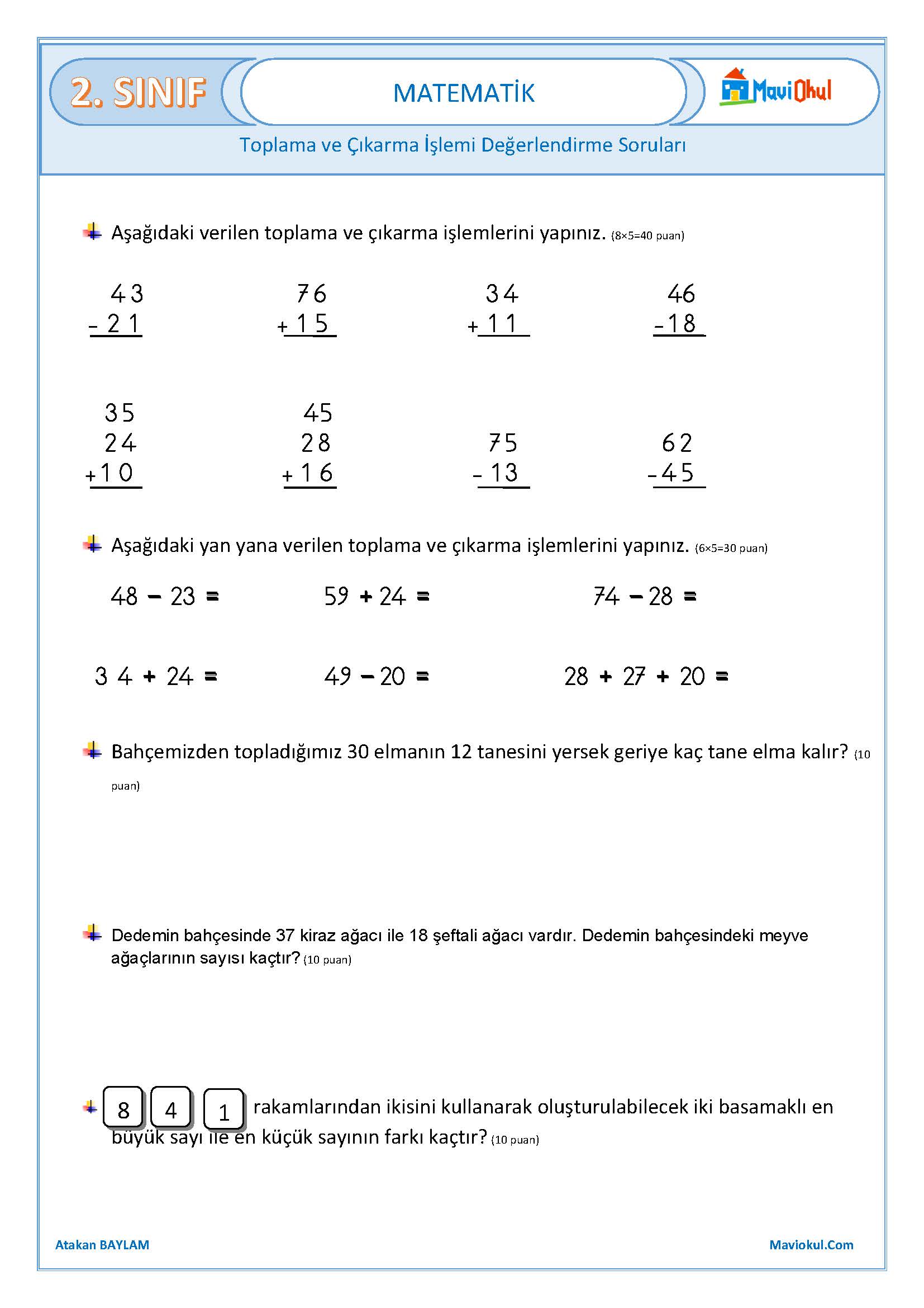 2. Sınıf Matematik Toplama ve Çıkarma İşlemi Değerlendirme Çalışması